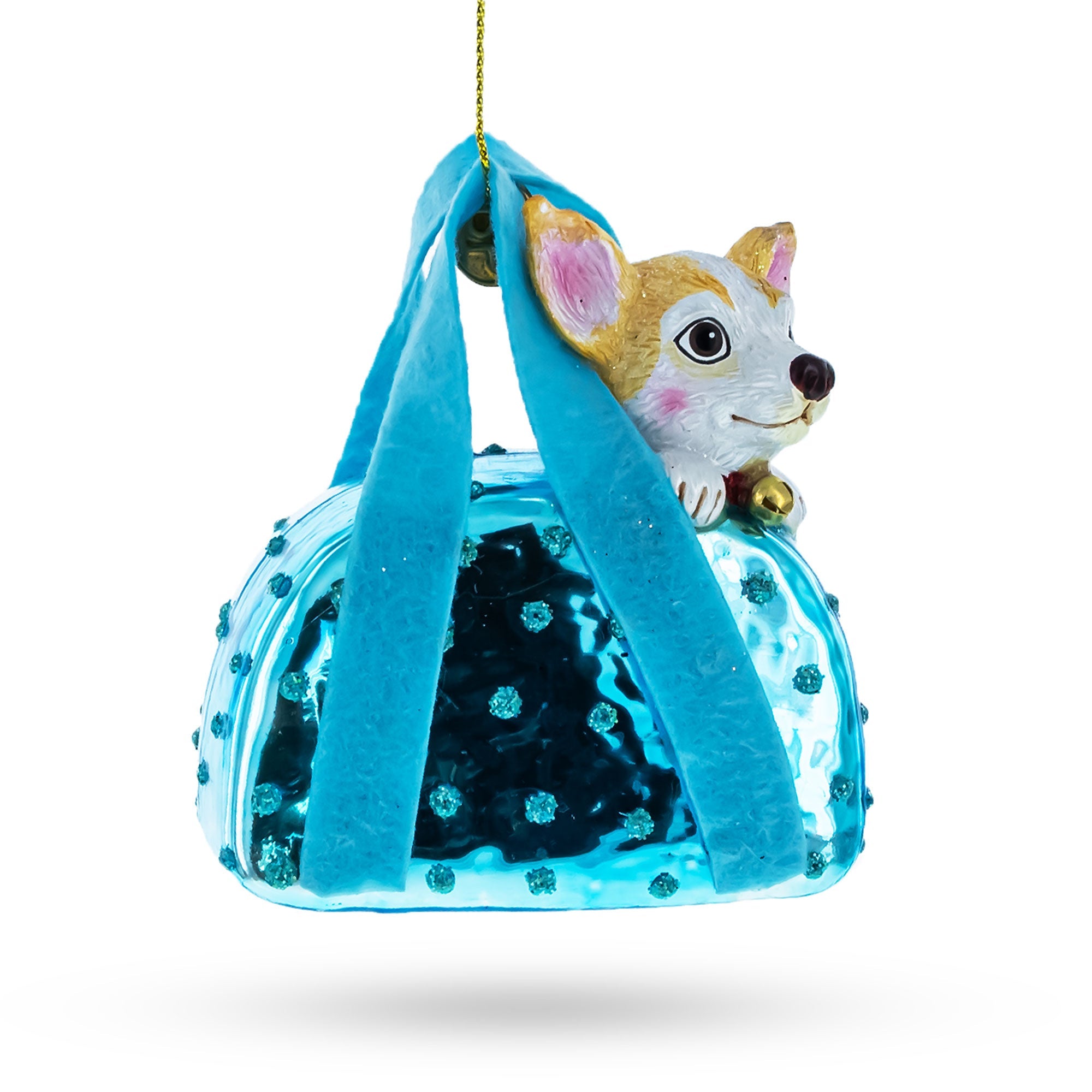 Dog in Blue Handbag Glass Christmas Ornament