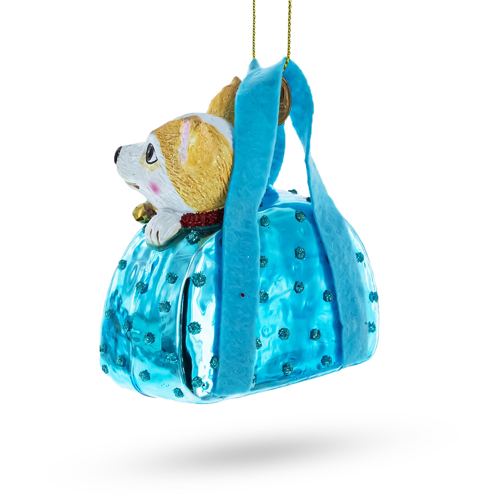 Dog in Blue Handbag Glass Christmas Ornament