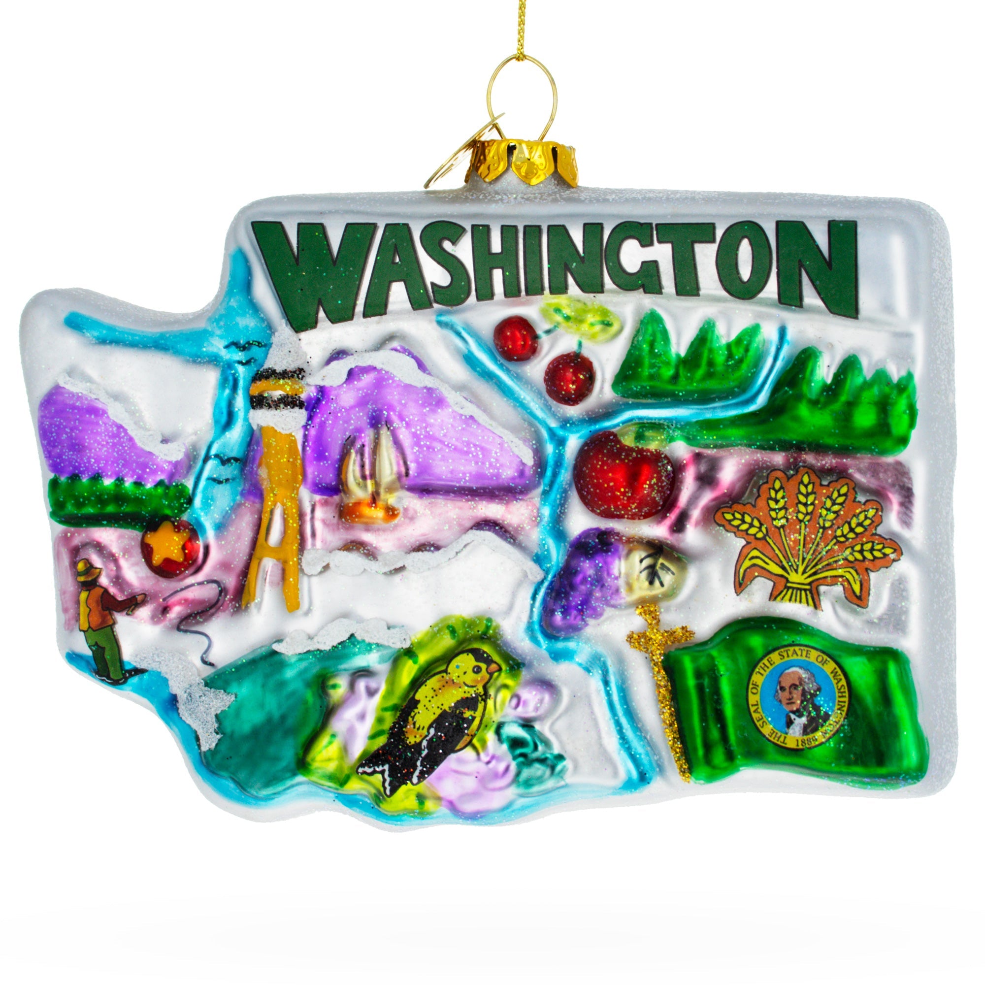 State of Washington Symbols, USA Glass Christmas Ornament