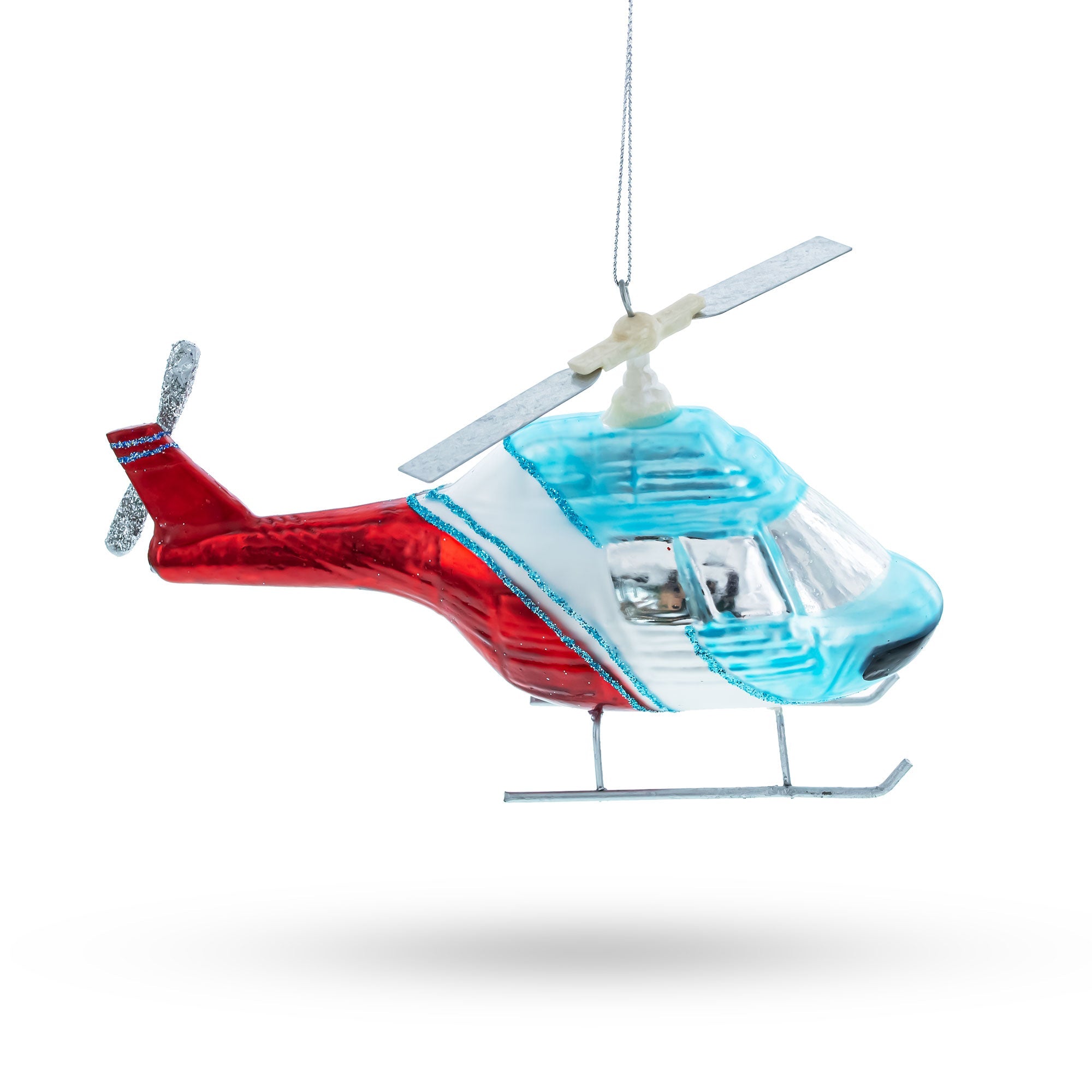 Blue and Red Helicopter Glass Christmas Ornament