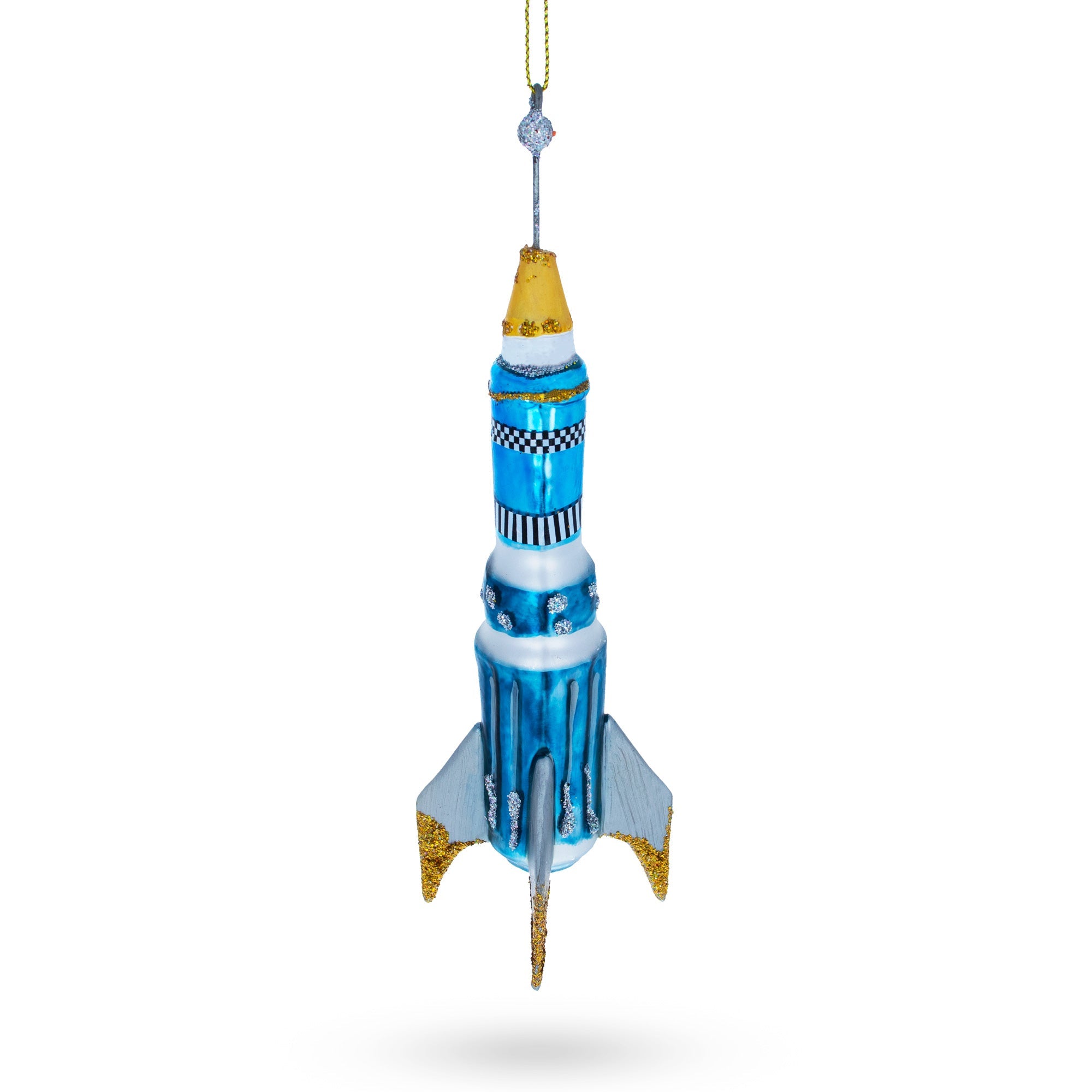 Blue Rocket Space Shuttle Glass Christmas Ornament