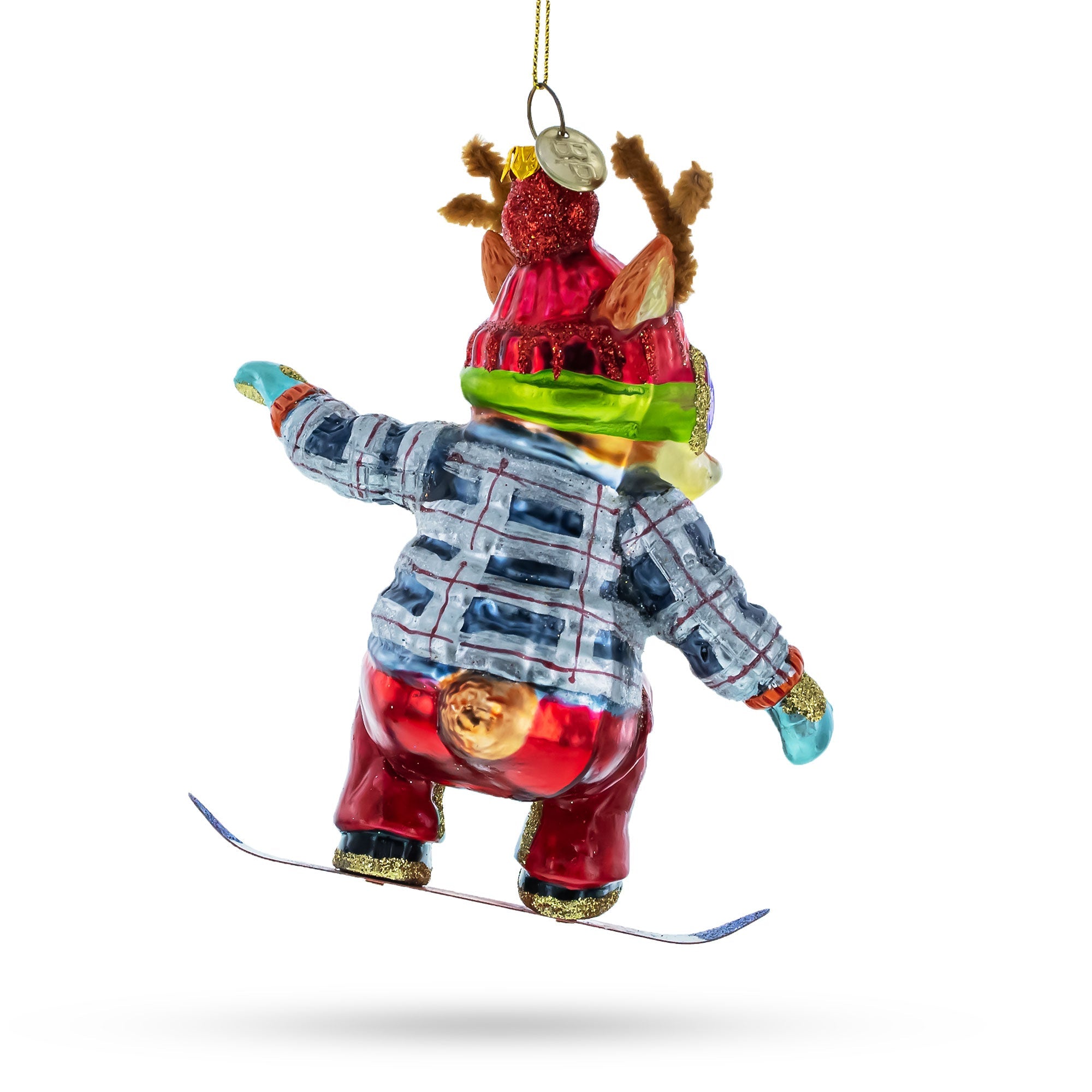Moose on Snowboard Glass Christmas Ornament