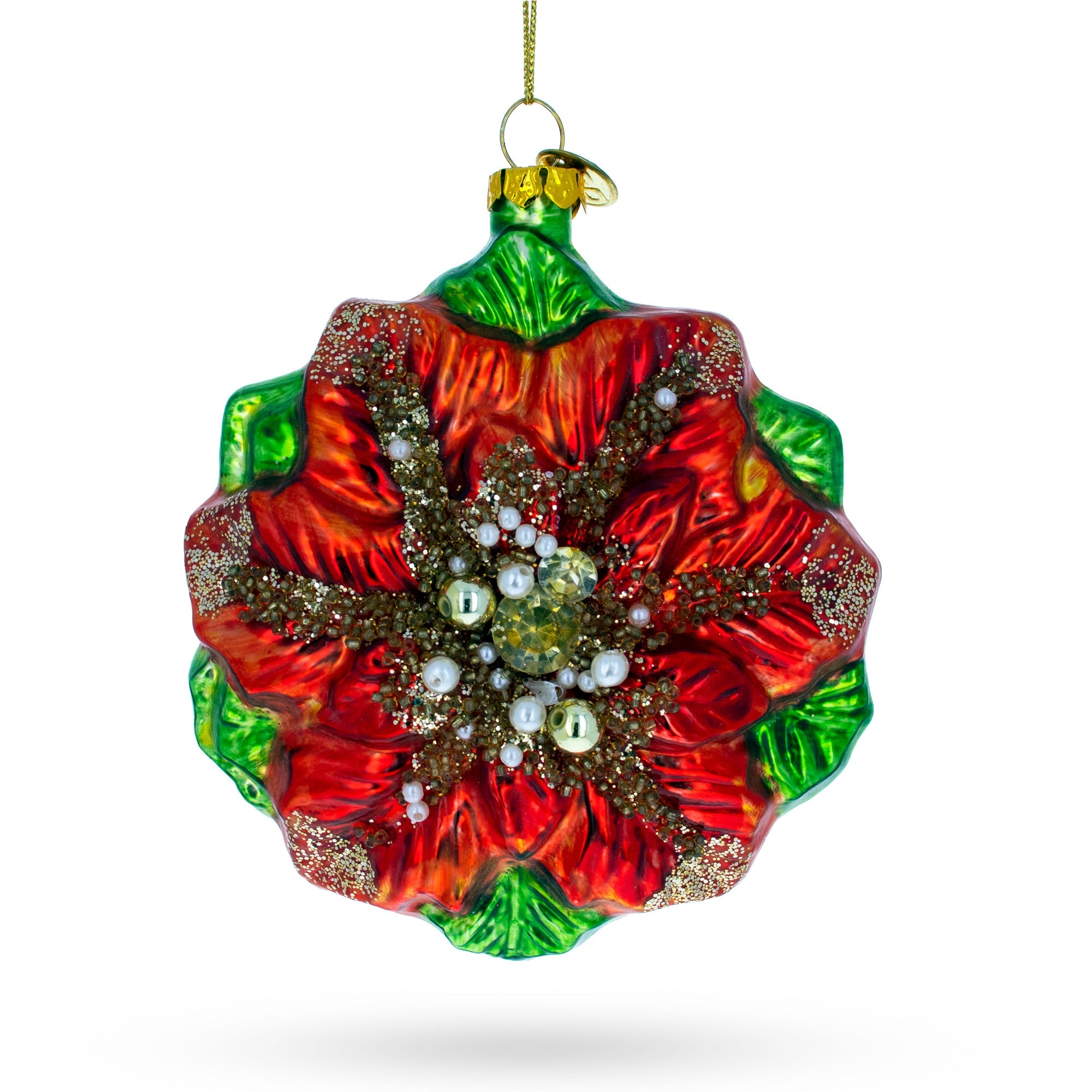 Poinsettia with Mother of Pearls Glass Christmas Ornament