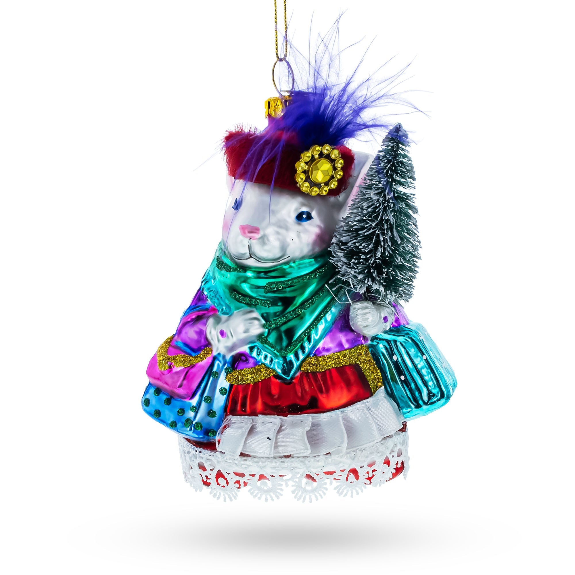 Mouse with Tree and Gifts Glass Christmas Ornament