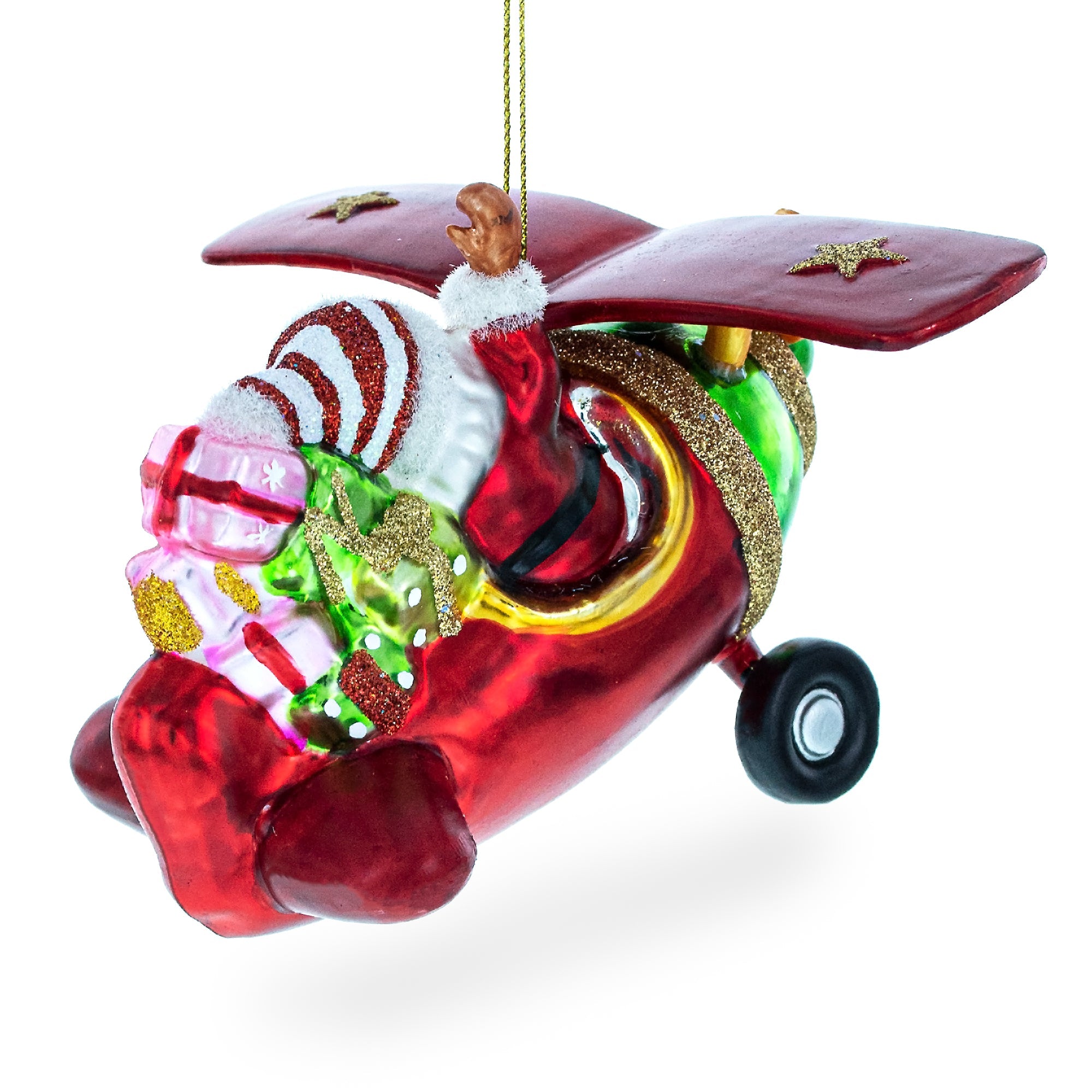 Santa Flying Airplane with Gifts Glass Christmas Ornament