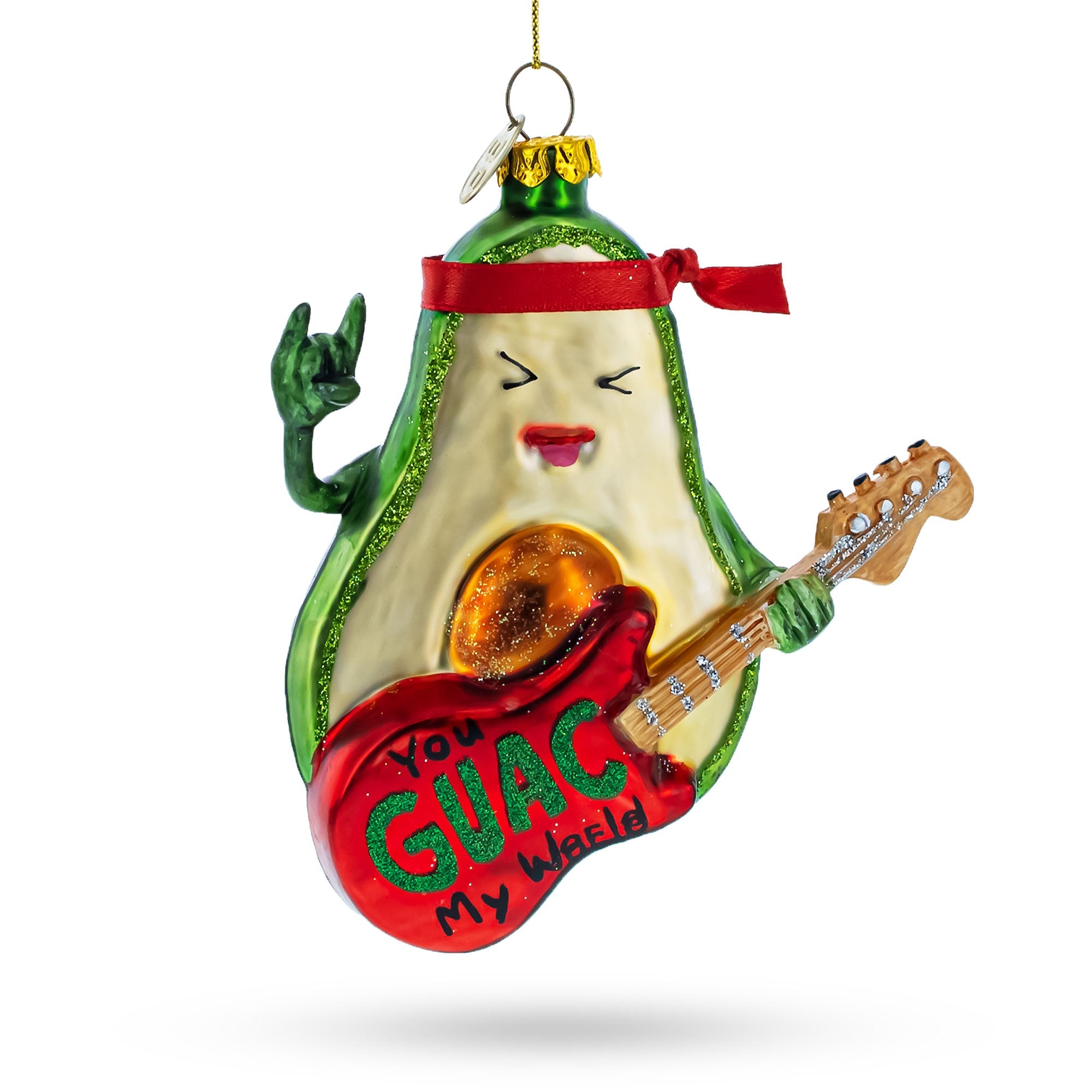 Musical Avocado Strumming a Guitar Glass Christmas Ornament