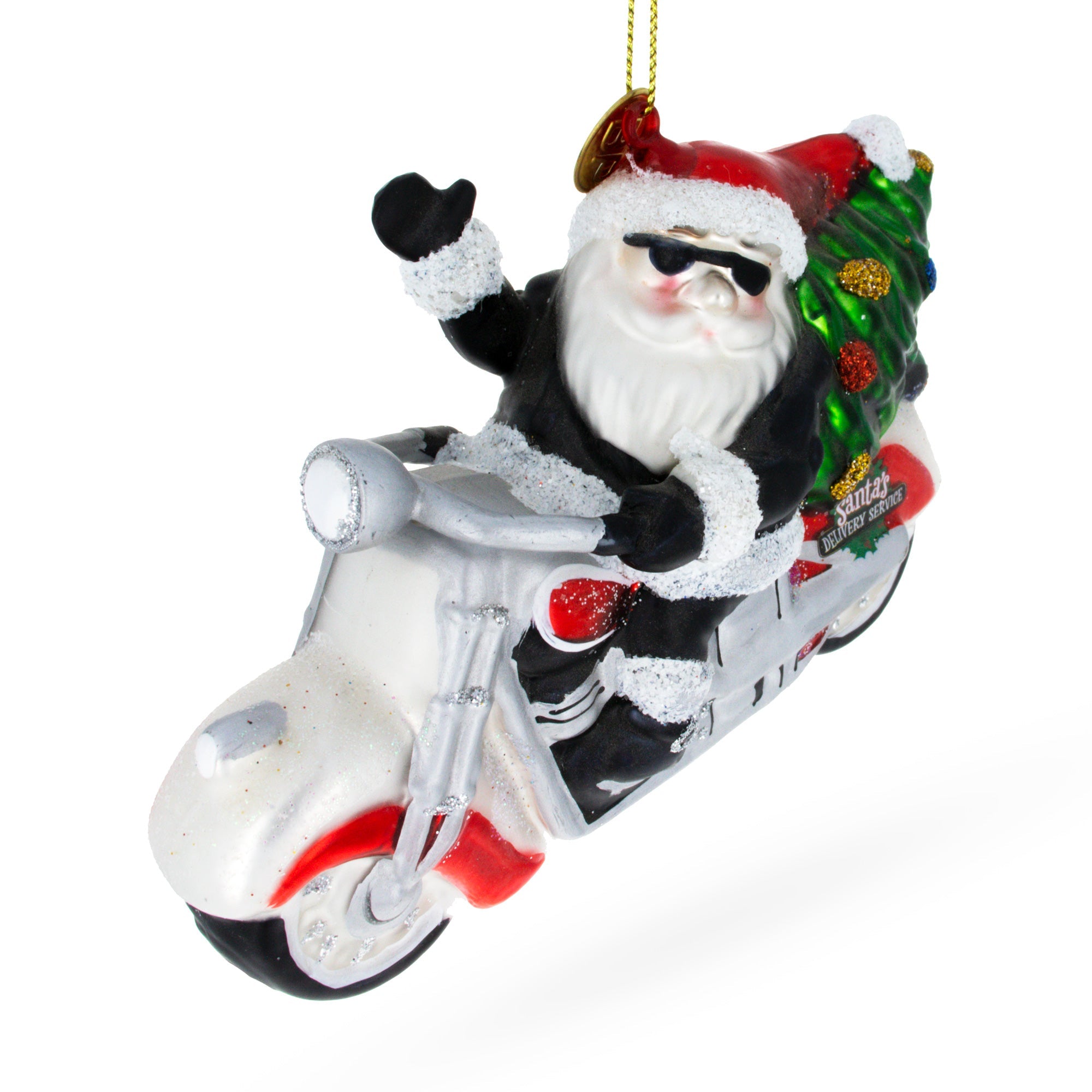 Santa’s Delivery Service Motorcycle Glass Ornament