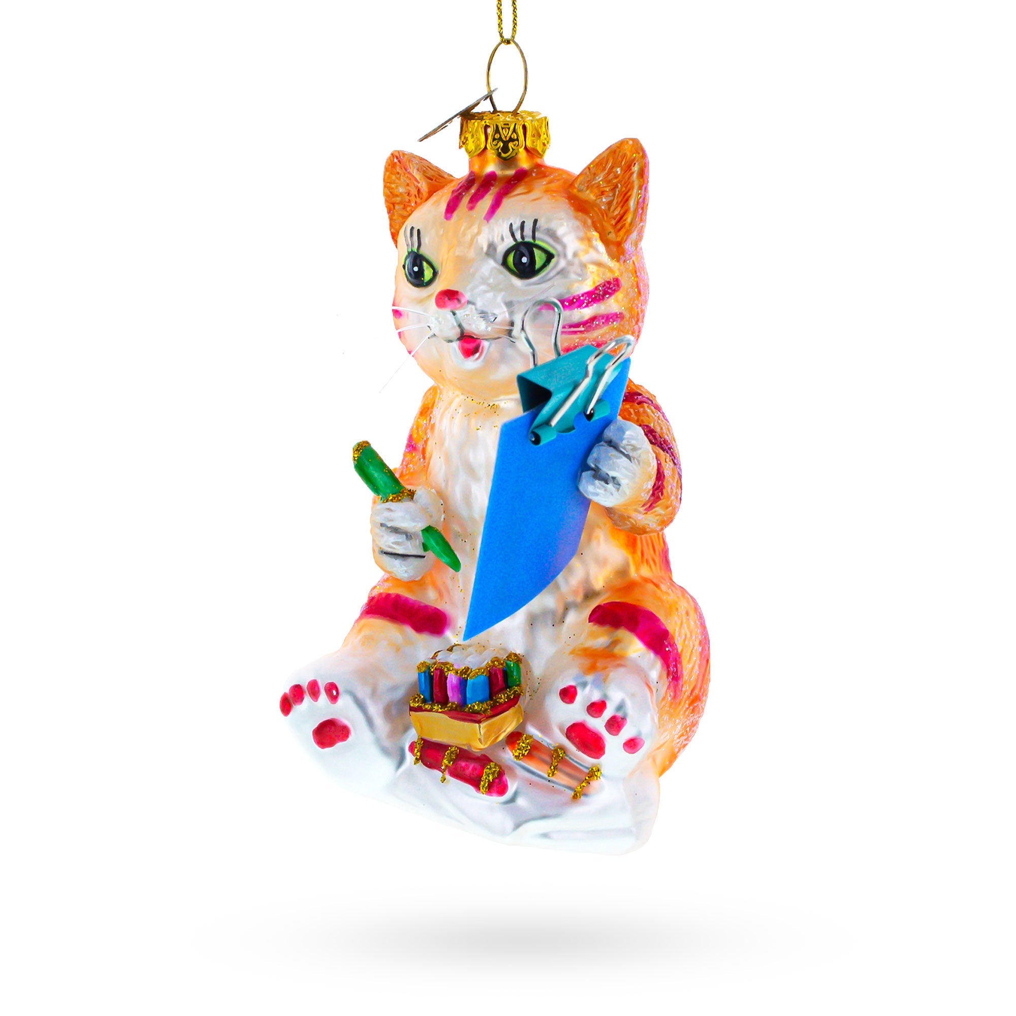 Cat Drawing a Self-Portrait Glass Christmas Ornament