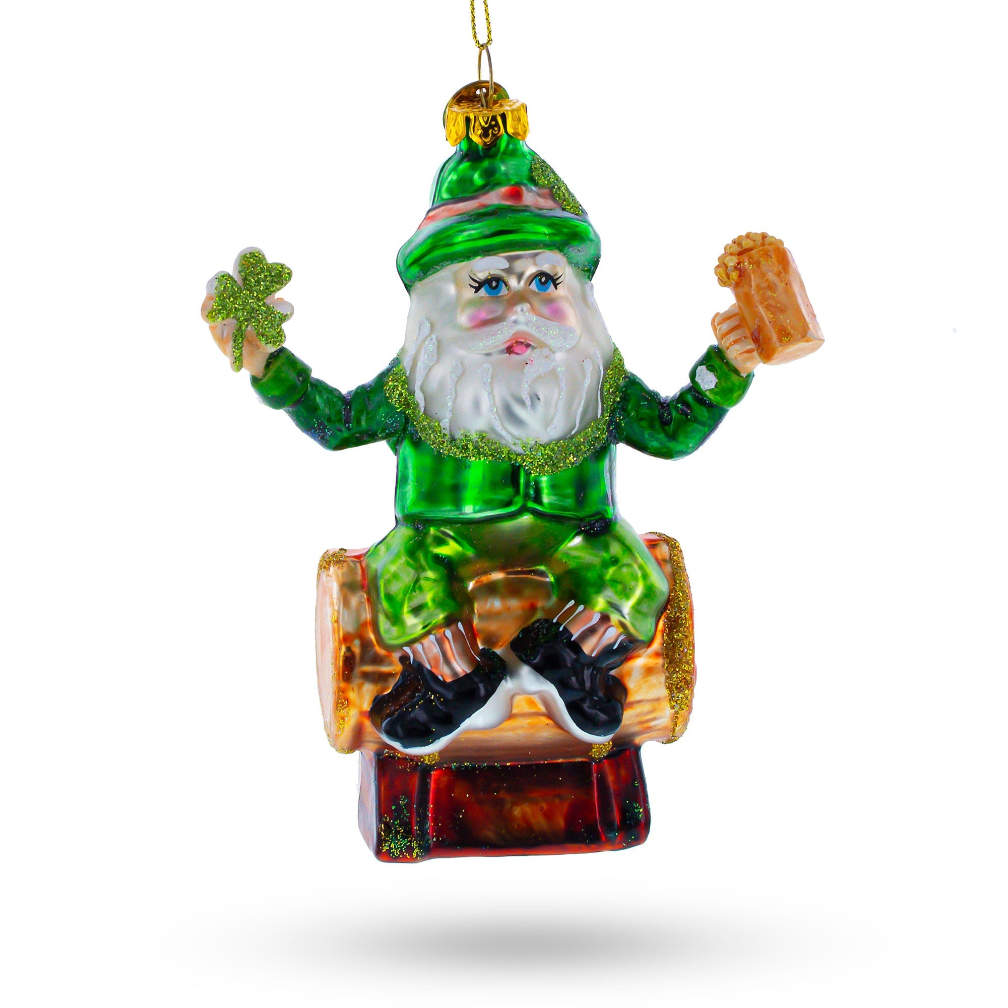 Irish Santa Sitting on a Whiskey Barrel Glass Christmas Ornament