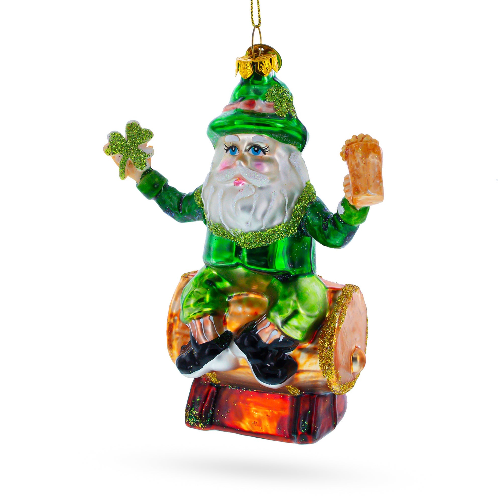 Irish Santa Sitting on a Whiskey Barrel Glass Christmas Ornament
