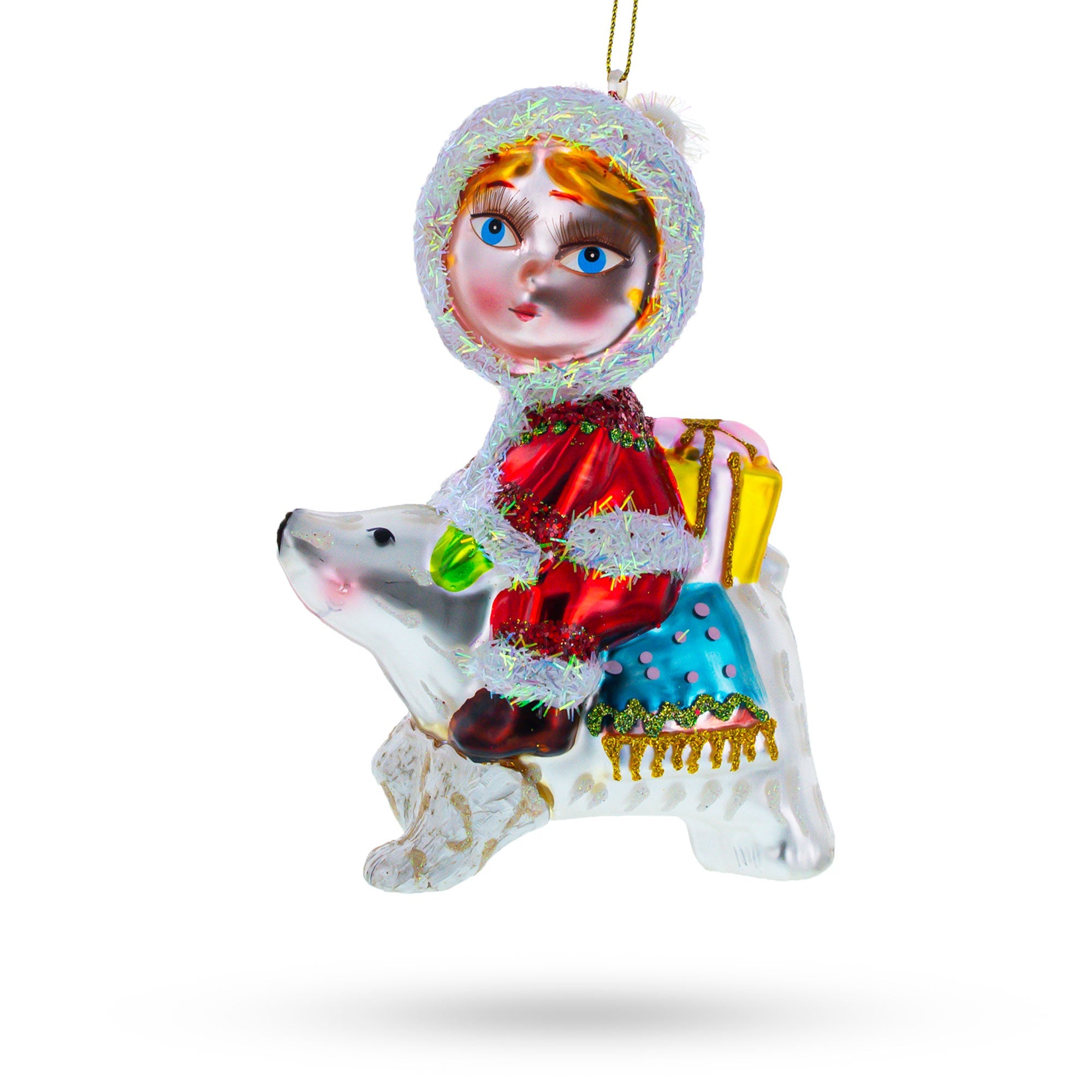 Girl Riding a Polar Bear Hand Glass Christmas Ornament
