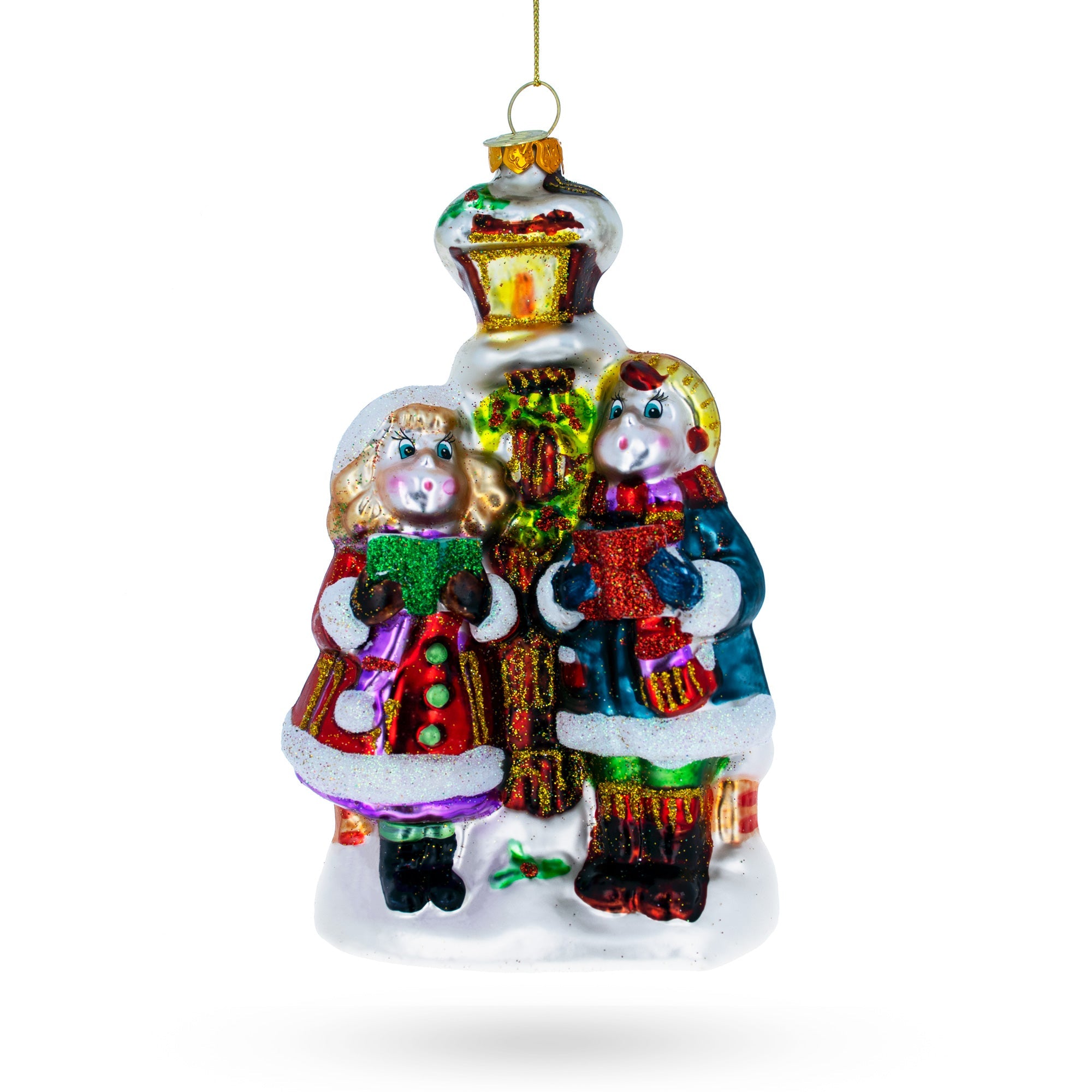 Carolers by a Vintage Lantern Glass Christmas Ornament