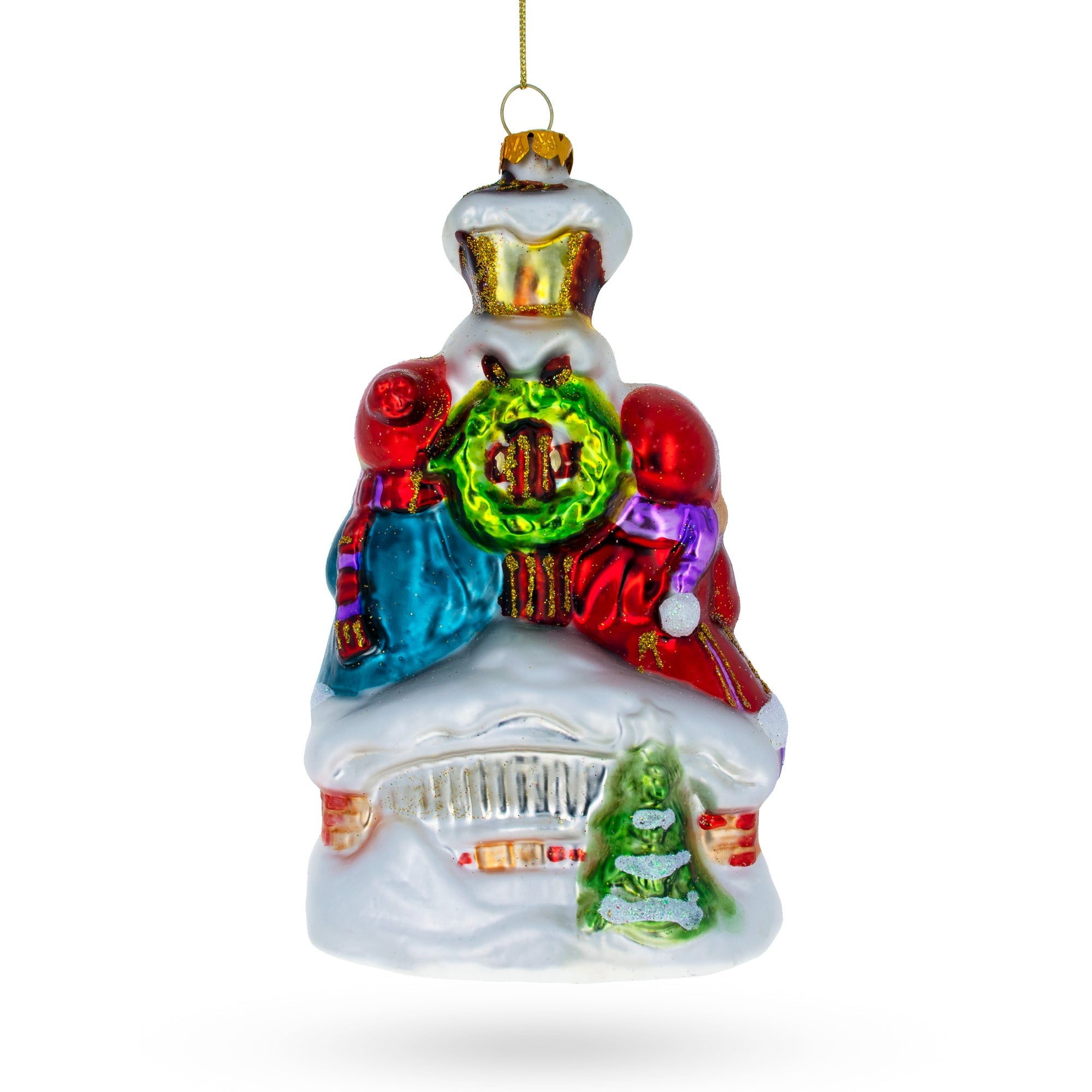 Carolers by a Vintage Lantern Glass Christmas Ornament