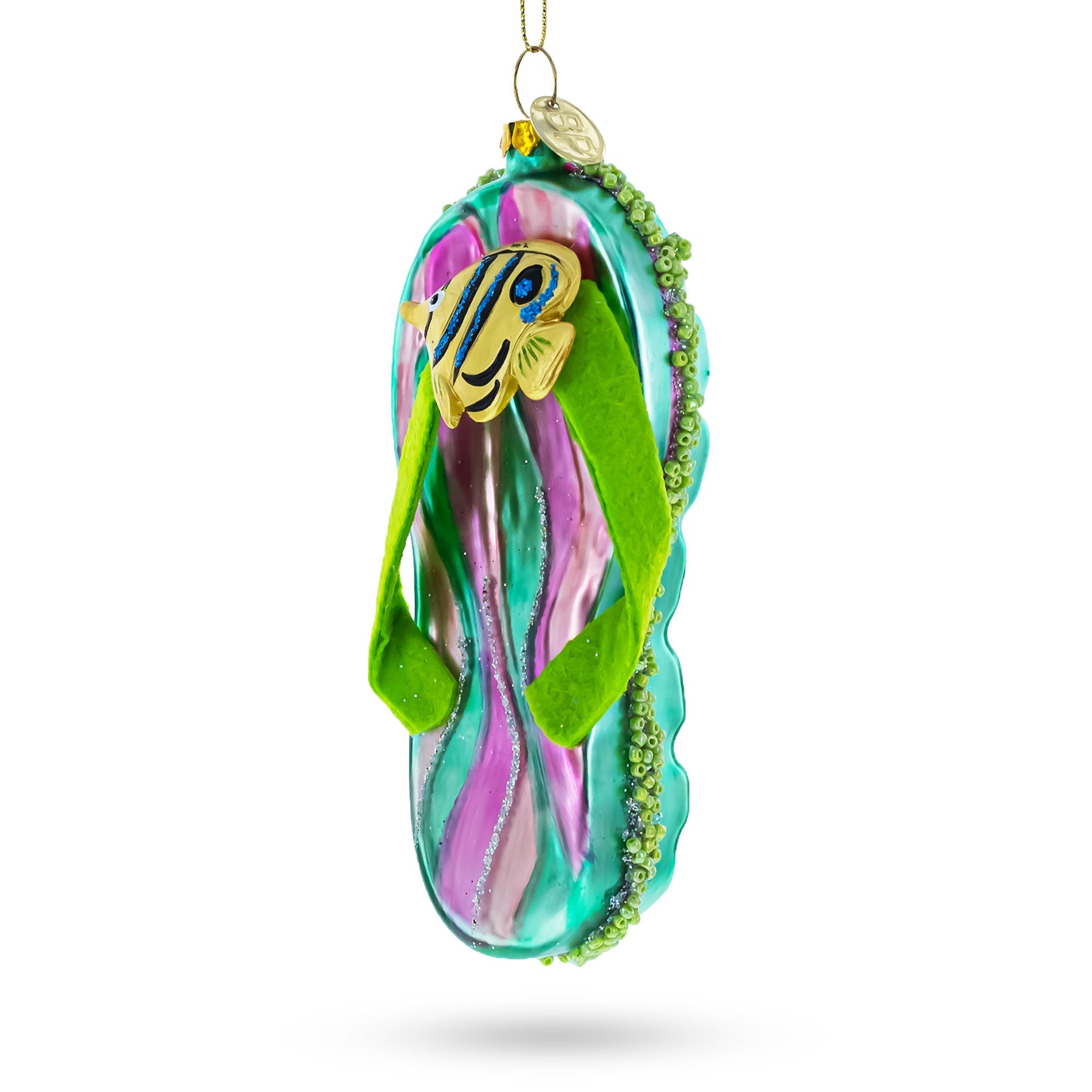 Tropical Turquoise Flip Flops with Fish Design Glass Christmas Ornament