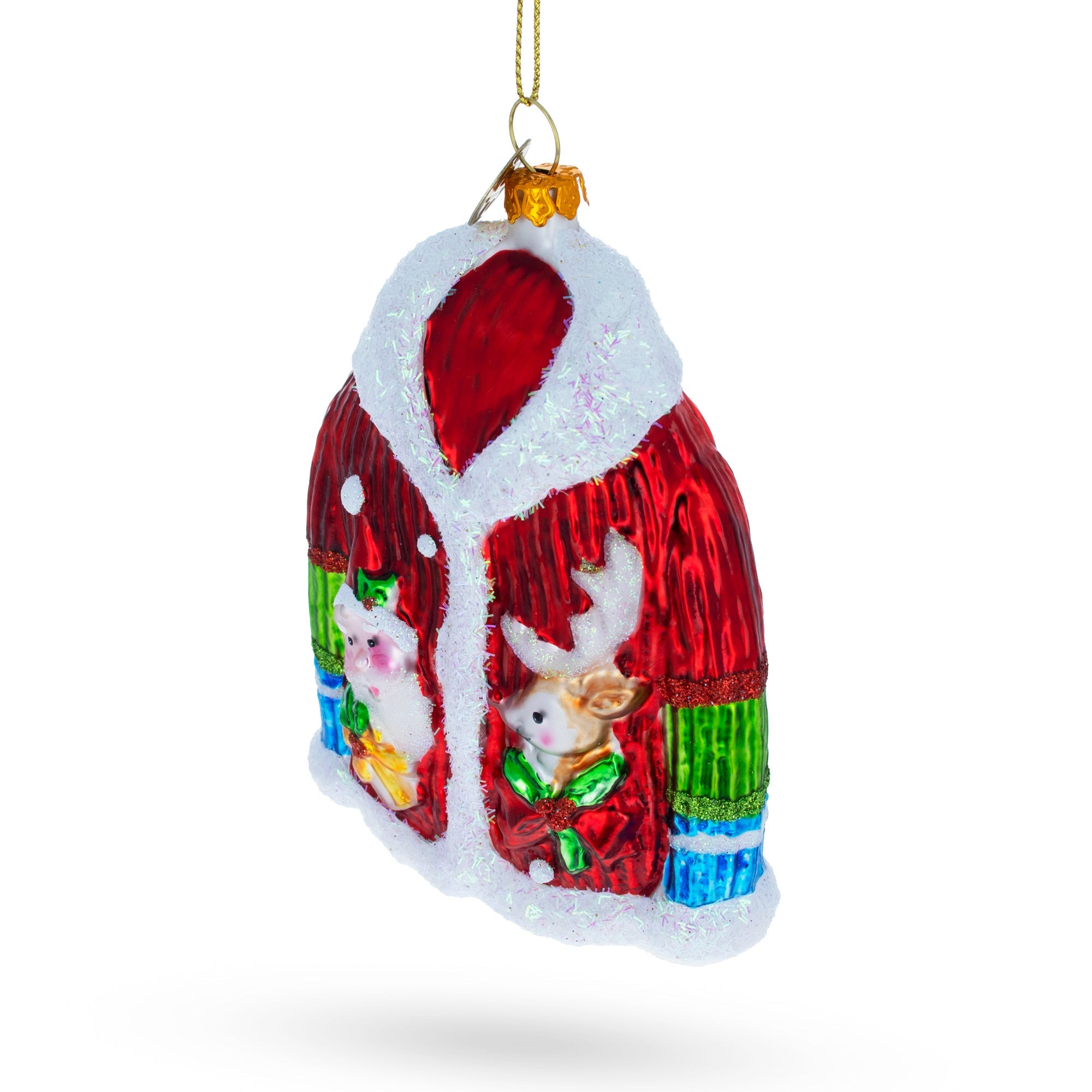 Jacket With Santa and Reindeer Glass Christmas Ornament