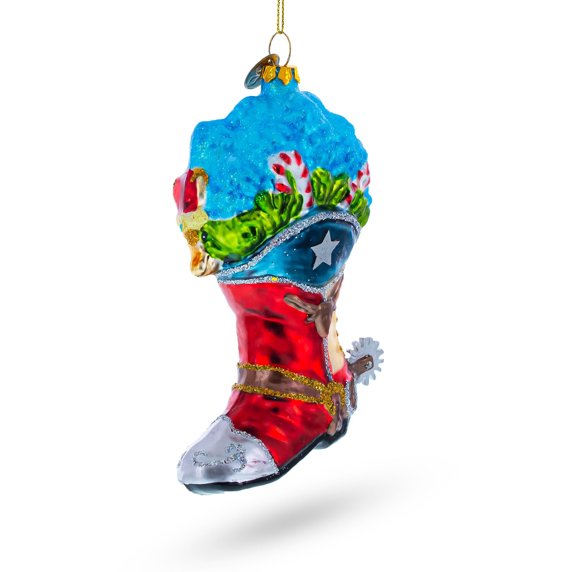 Cowboy Boot with Candy Canes Glass Christmas Ornament