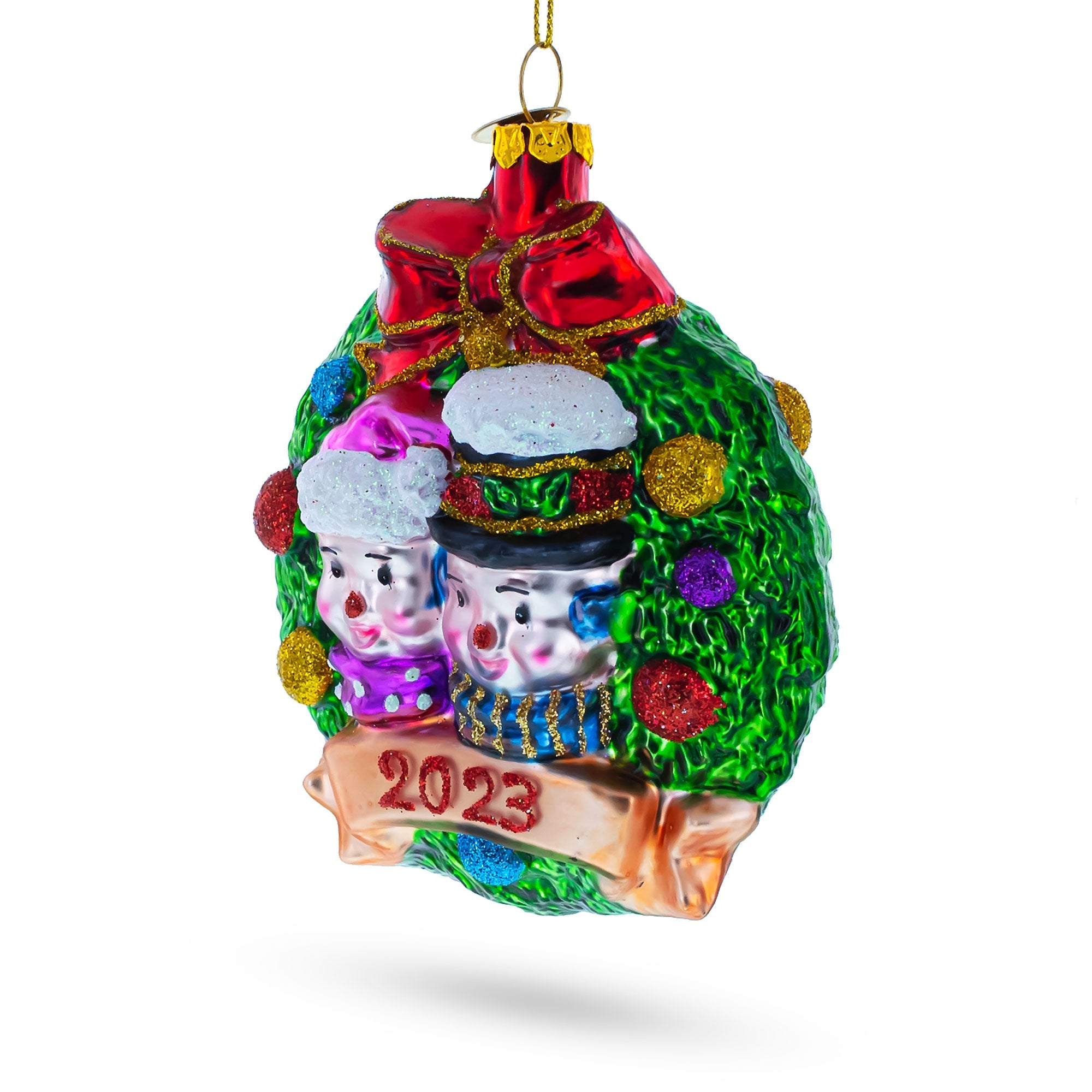 2023 Snowmen Couple in Wreath Glass Christmas Ornament