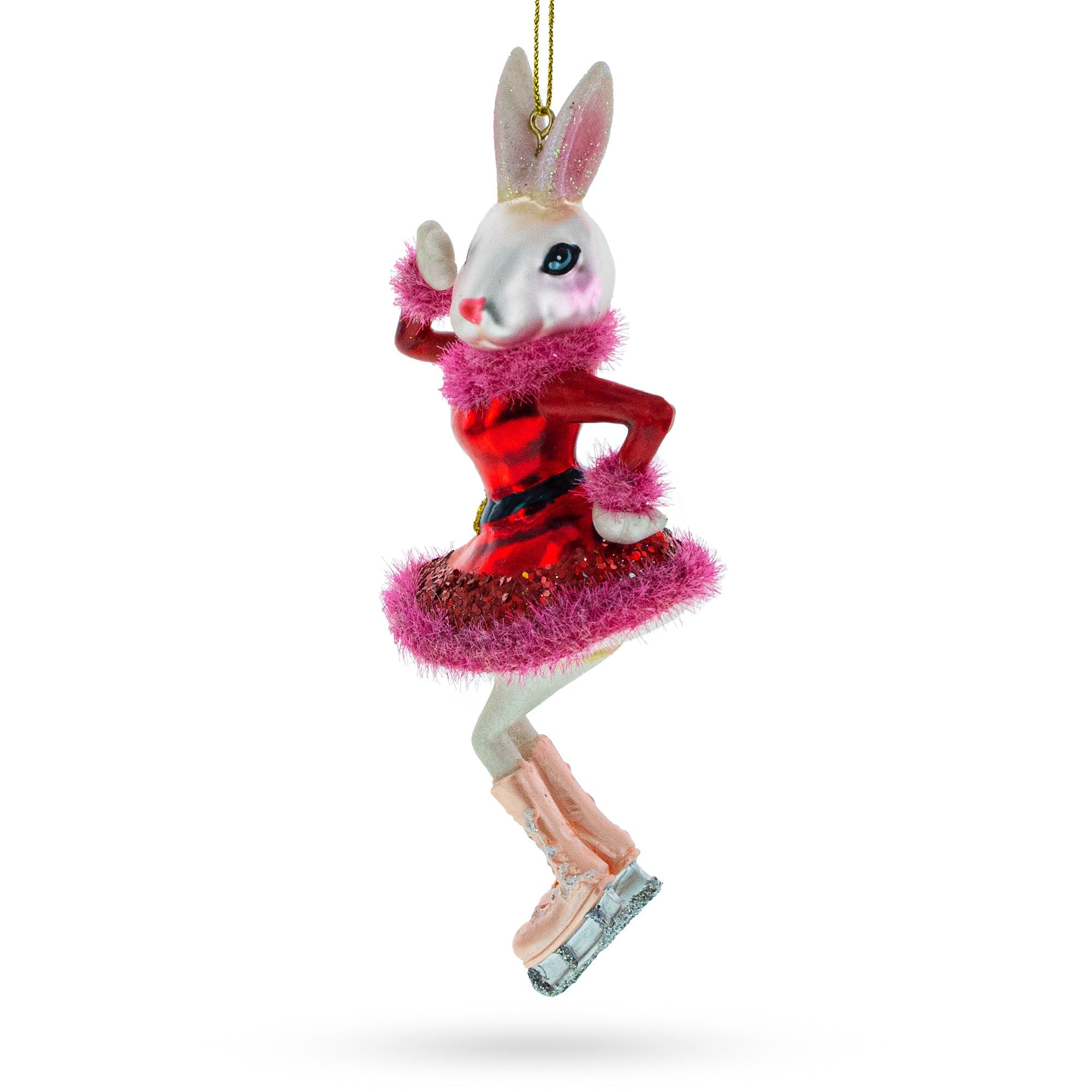 Bunny Ice Skater In Red Dress Glass Christmas Ornament