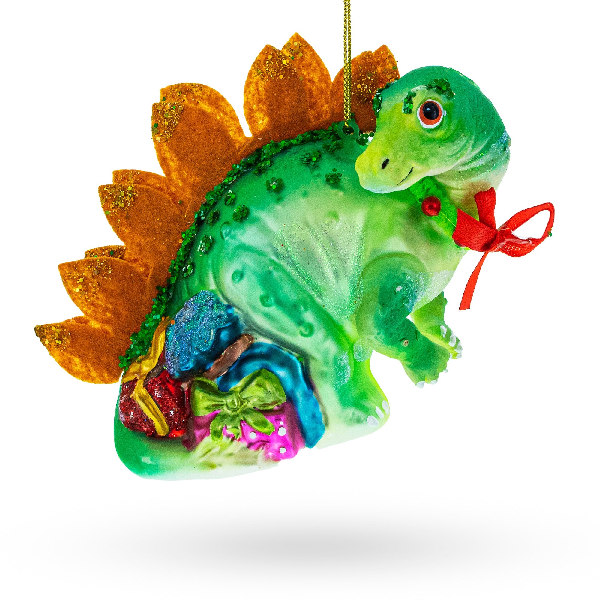 Green Dinosaur with Gifts Glass Christmas Ornament