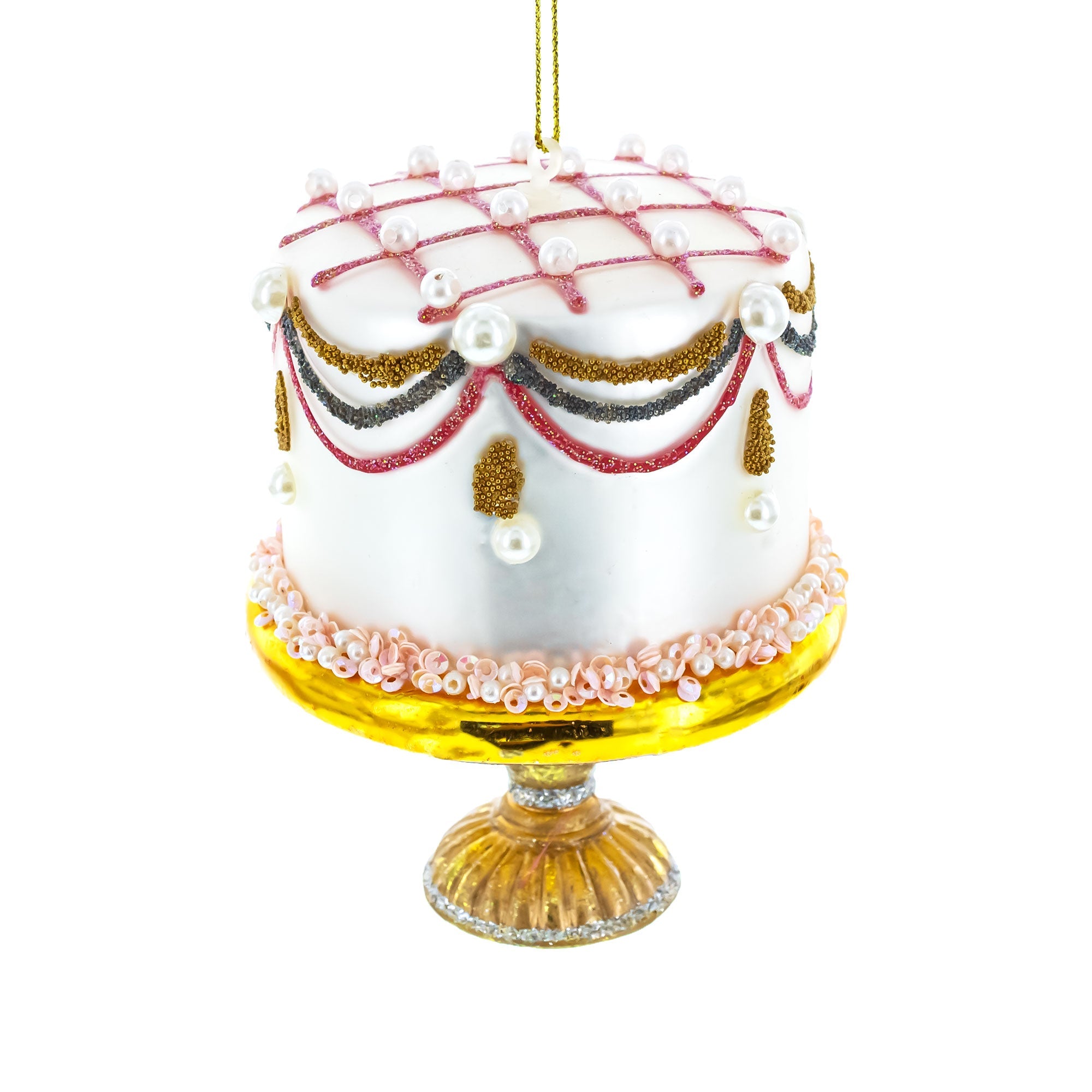 Pearl-Adorned Celebration Cake Glass Christmas Ornament