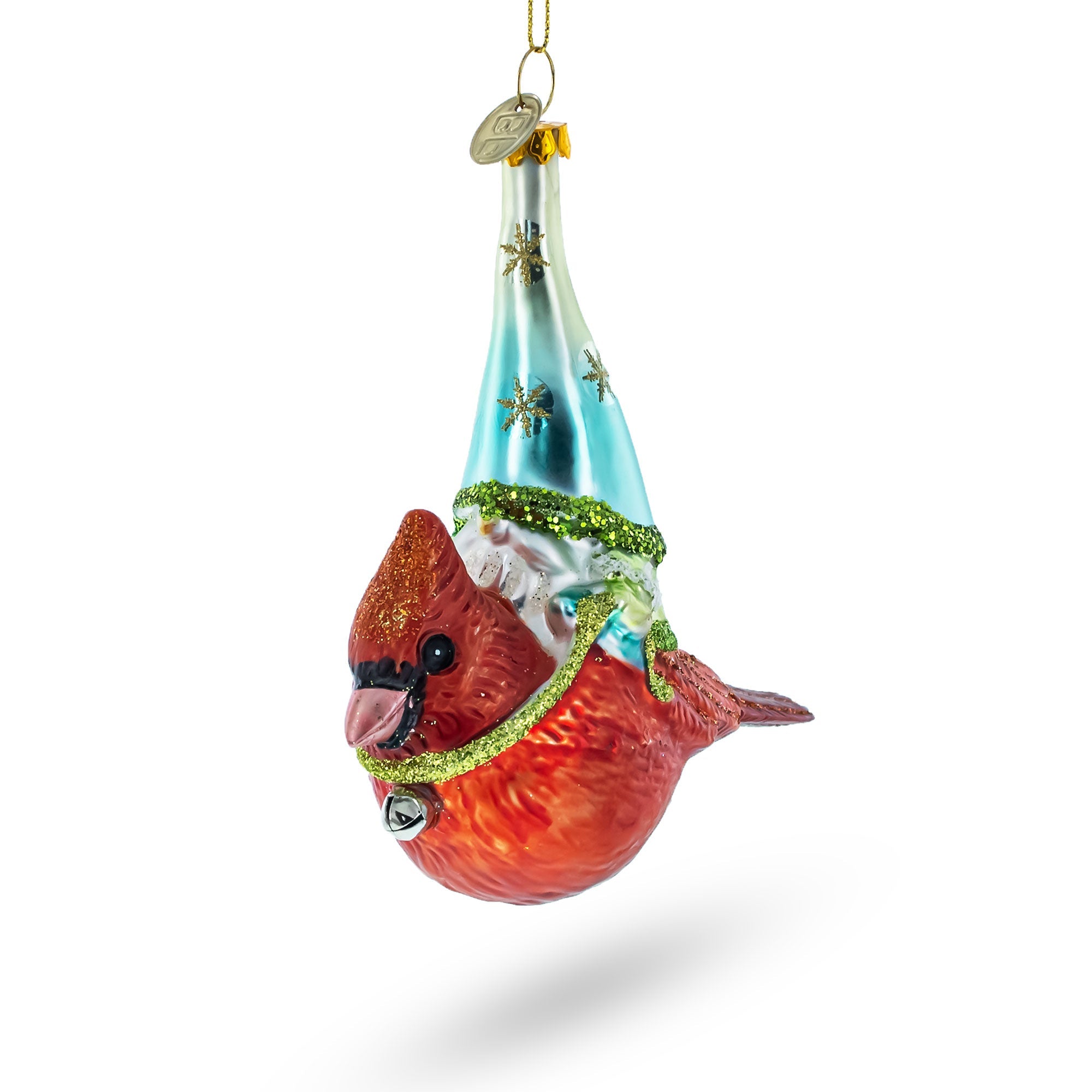 Gnome Riding Red Cardinal Glass Christmas Ornament