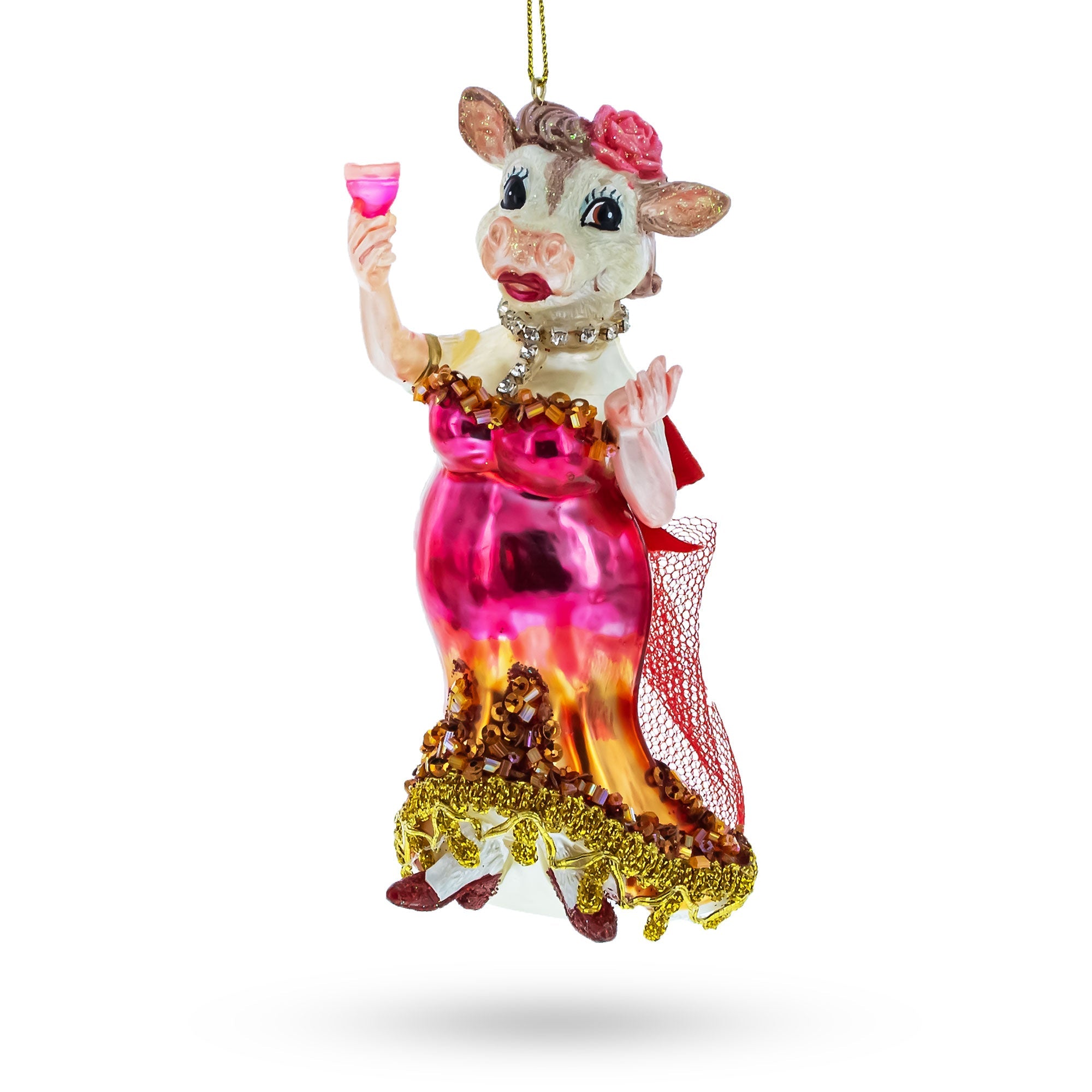 Pink-Dressed Cow with Wine Glass Christmas Ornament