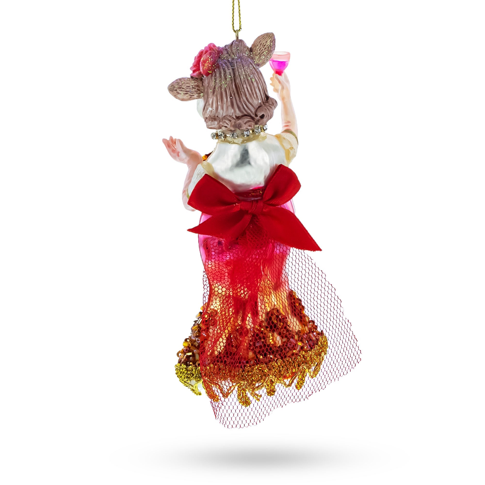 Pink-Dressed Cow with Wine Glass Christmas Ornament