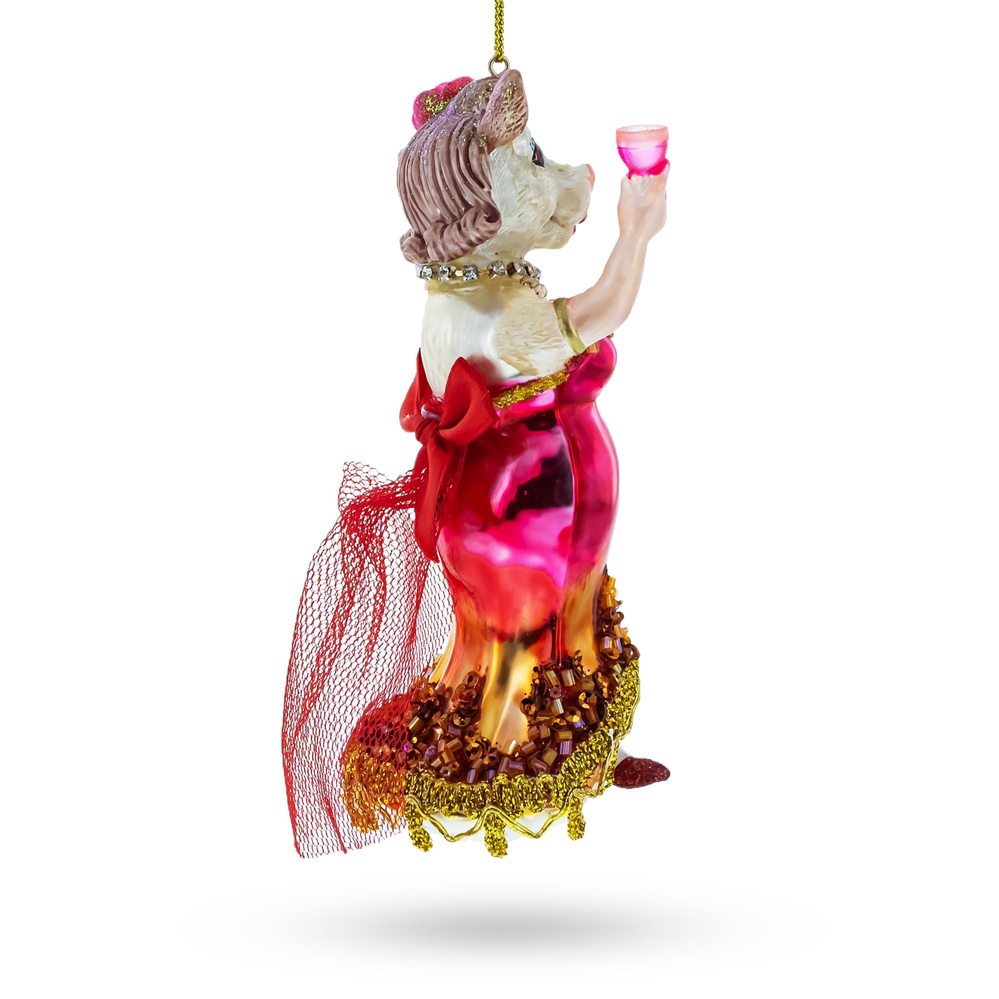 Pink-Dressed Cow with Wine Glass Christmas Ornament