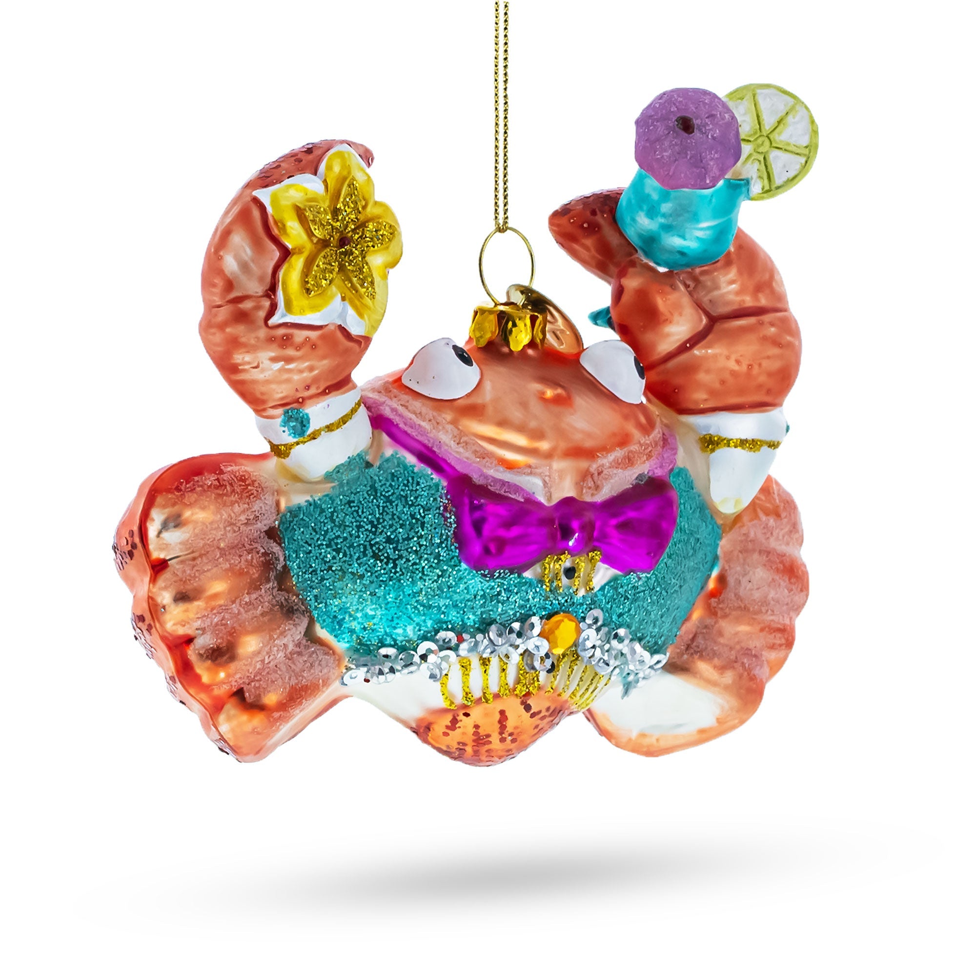 Cheerful Crab at Cocktail Party Glass Christmas Ornament