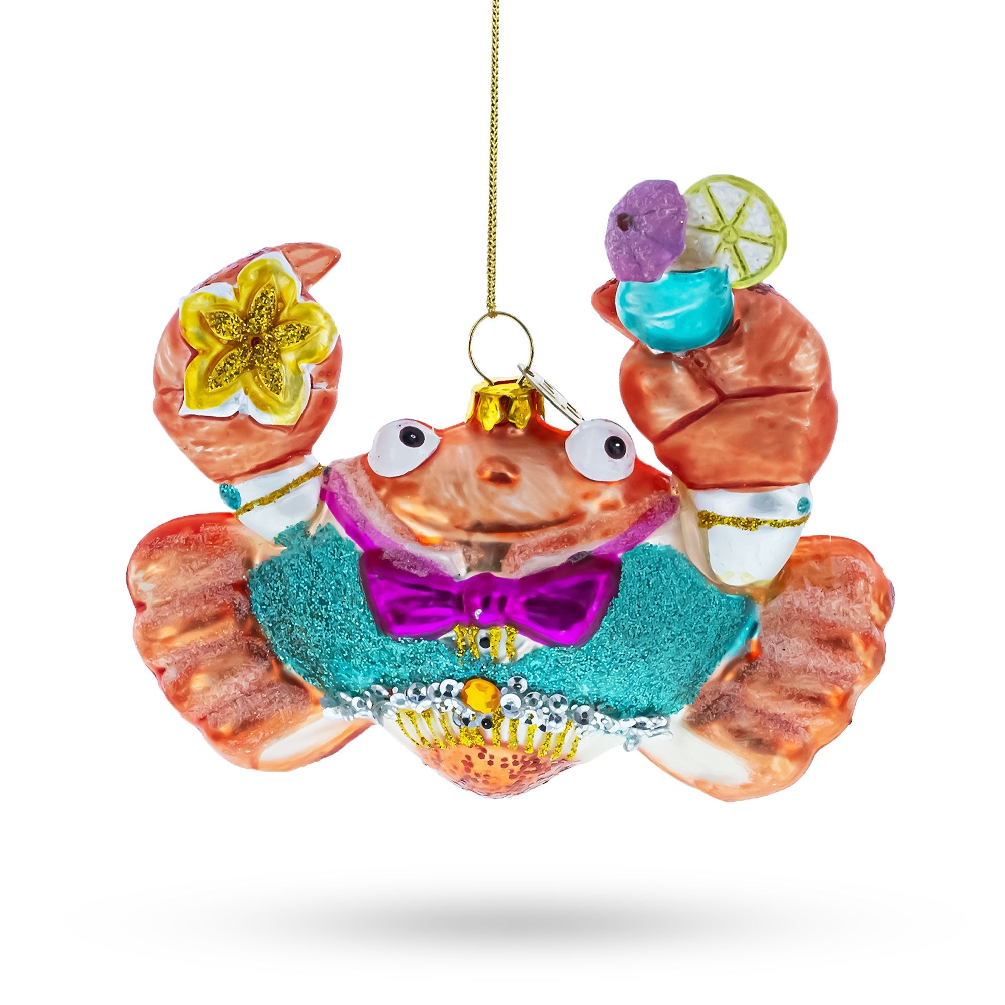 Cheerful Crab at Cocktail Party Glass Christmas Ornament