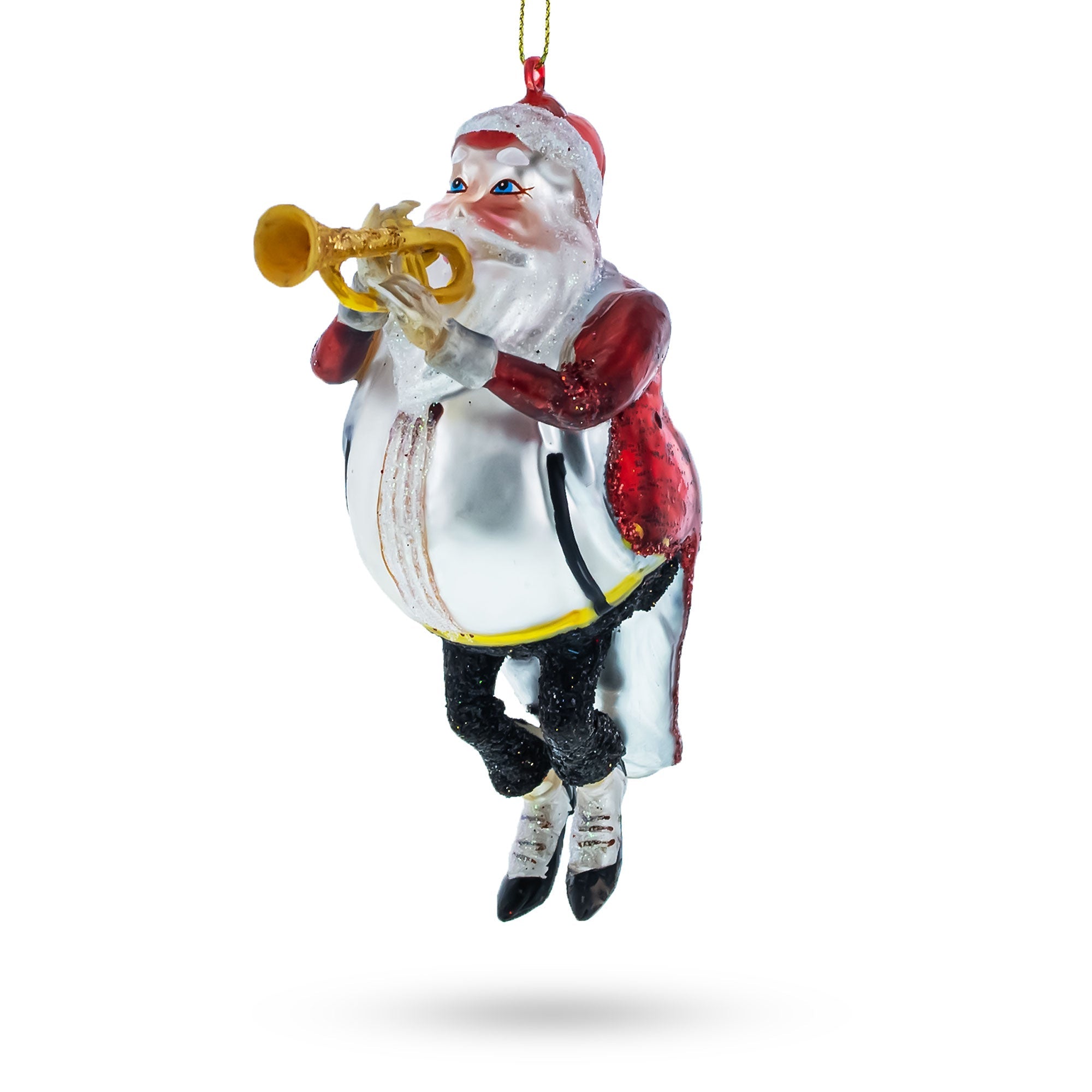 Santa Playing Trumpet Glass Christmas Ornament