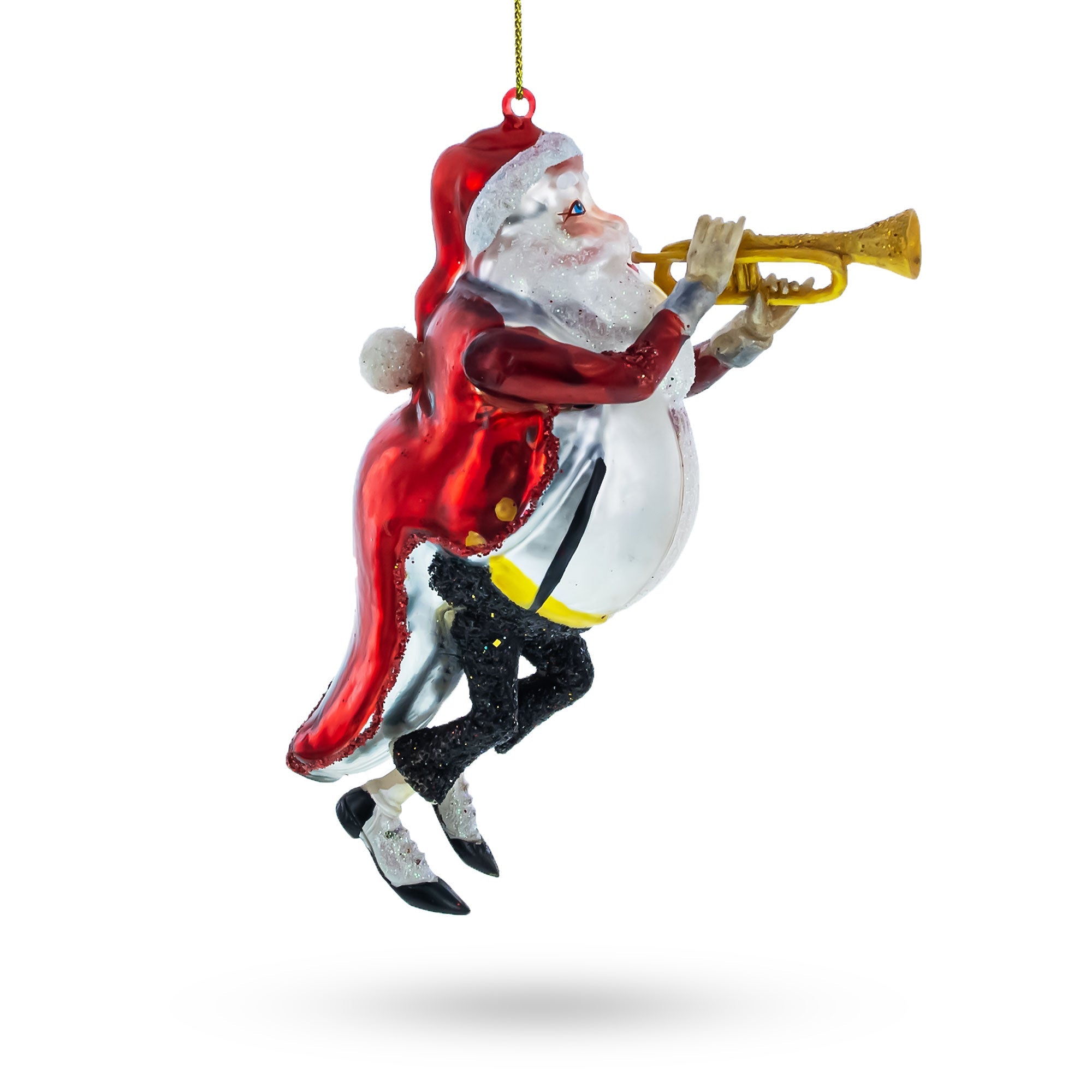 Santa Playing Trumpet Glass Christmas Ornament