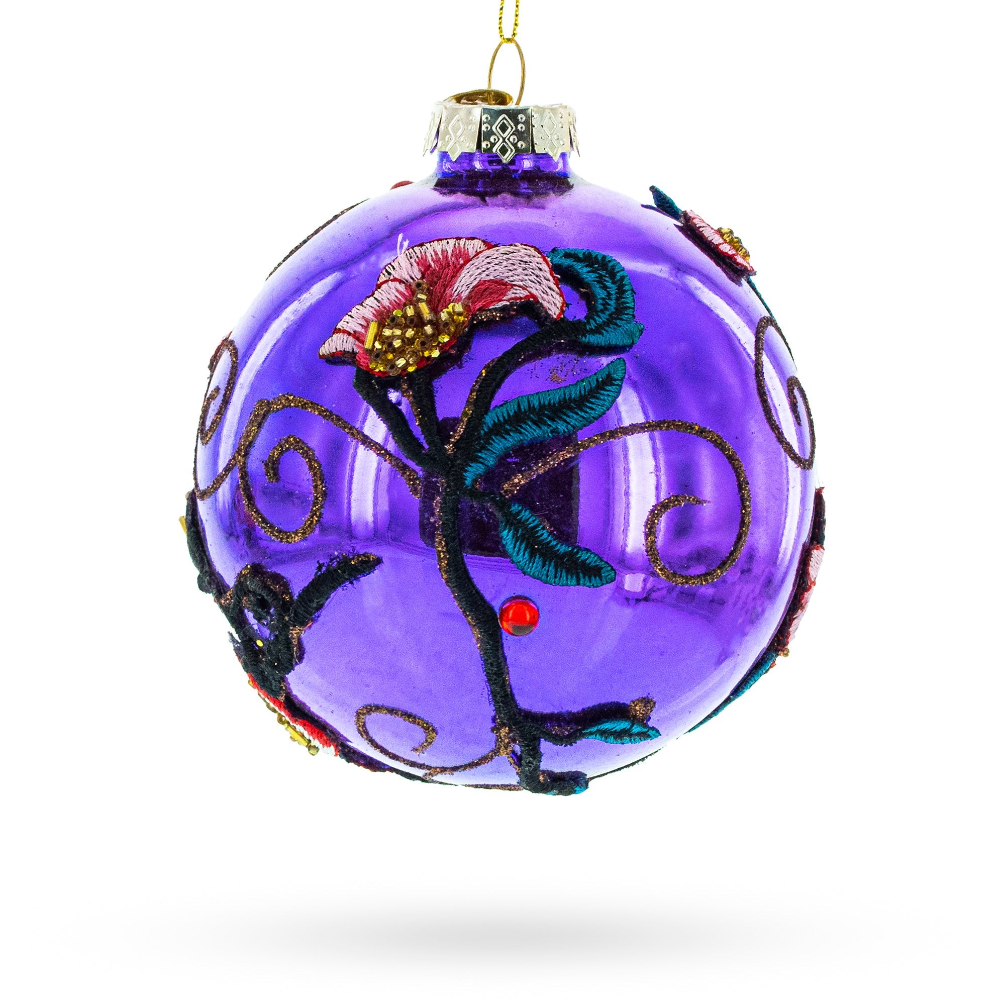 Embroidered Flowers on Purple Glass Ball Christmas Ornament