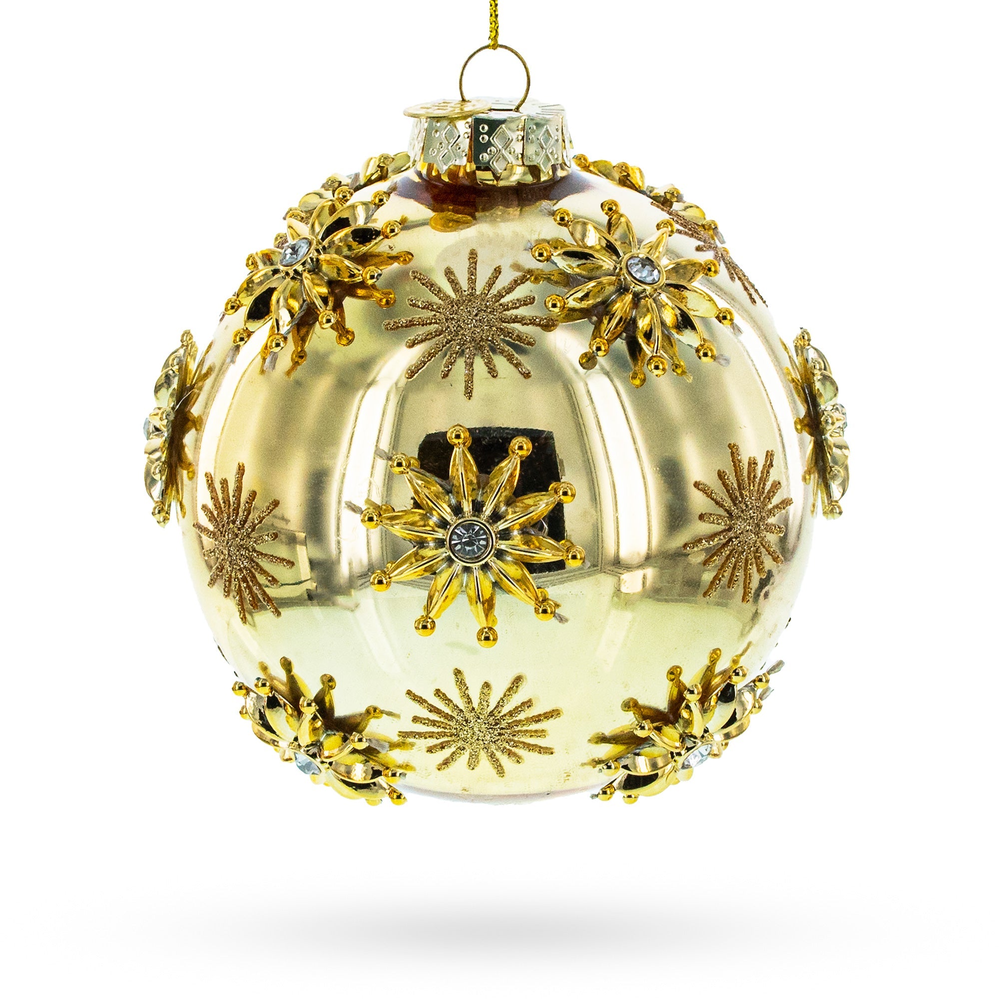 Jeweled Snowflakes Adorning a Golden Glossy Glass Ball Christmas Ornament