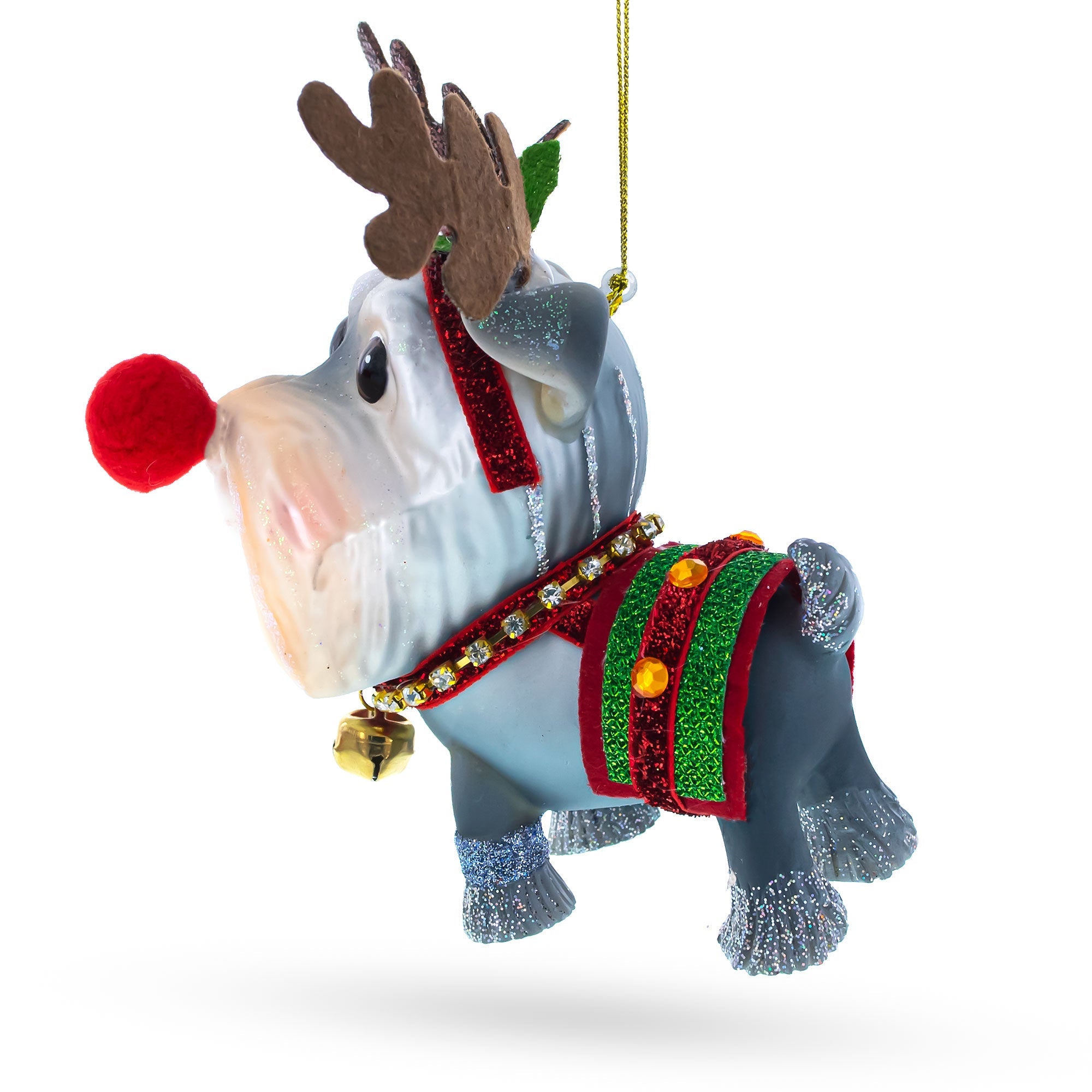 Schnauzer wearing Reindeer Costume Glass Christmas Ornament