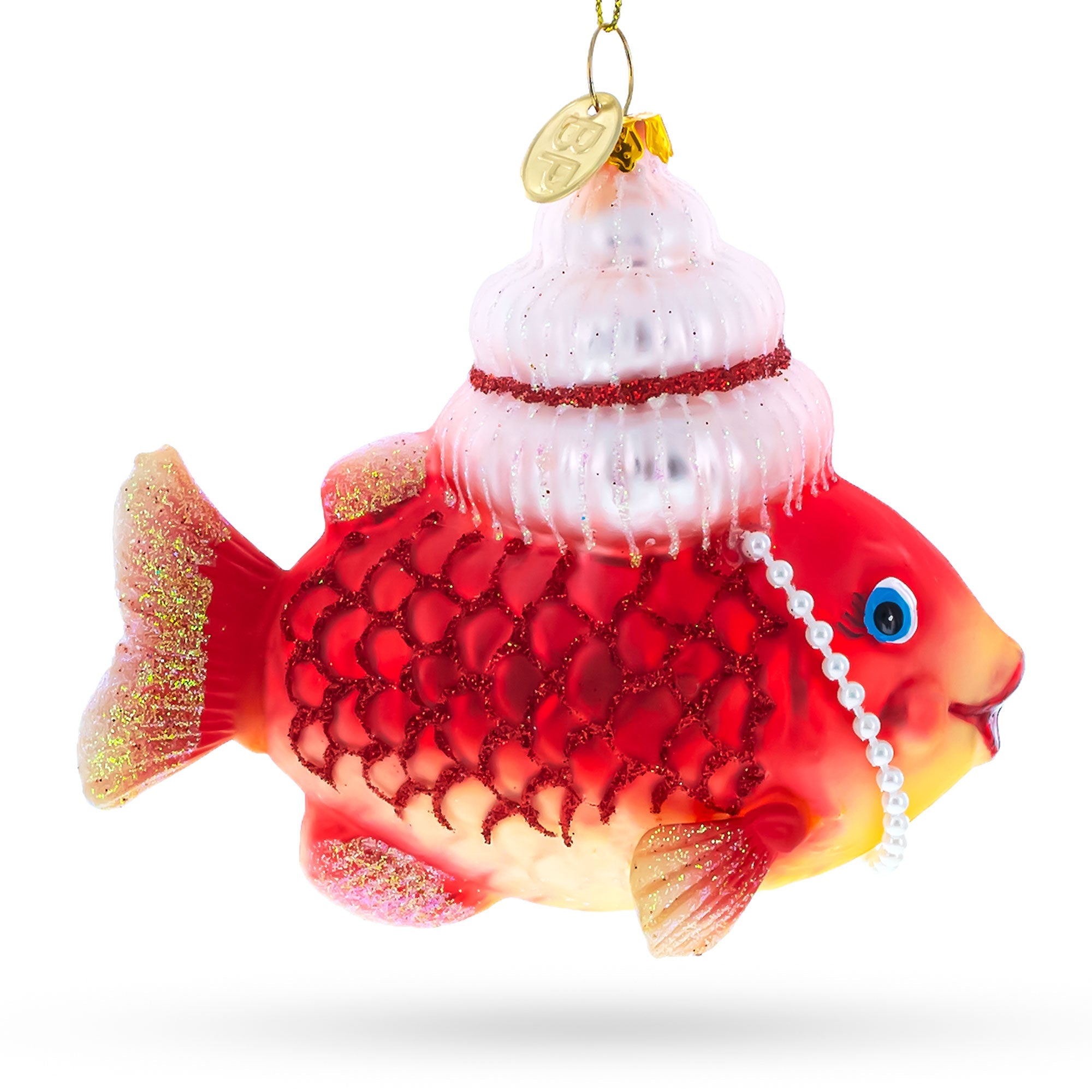 Grandma Fish in Santa Hat Glass Christmas Ornament