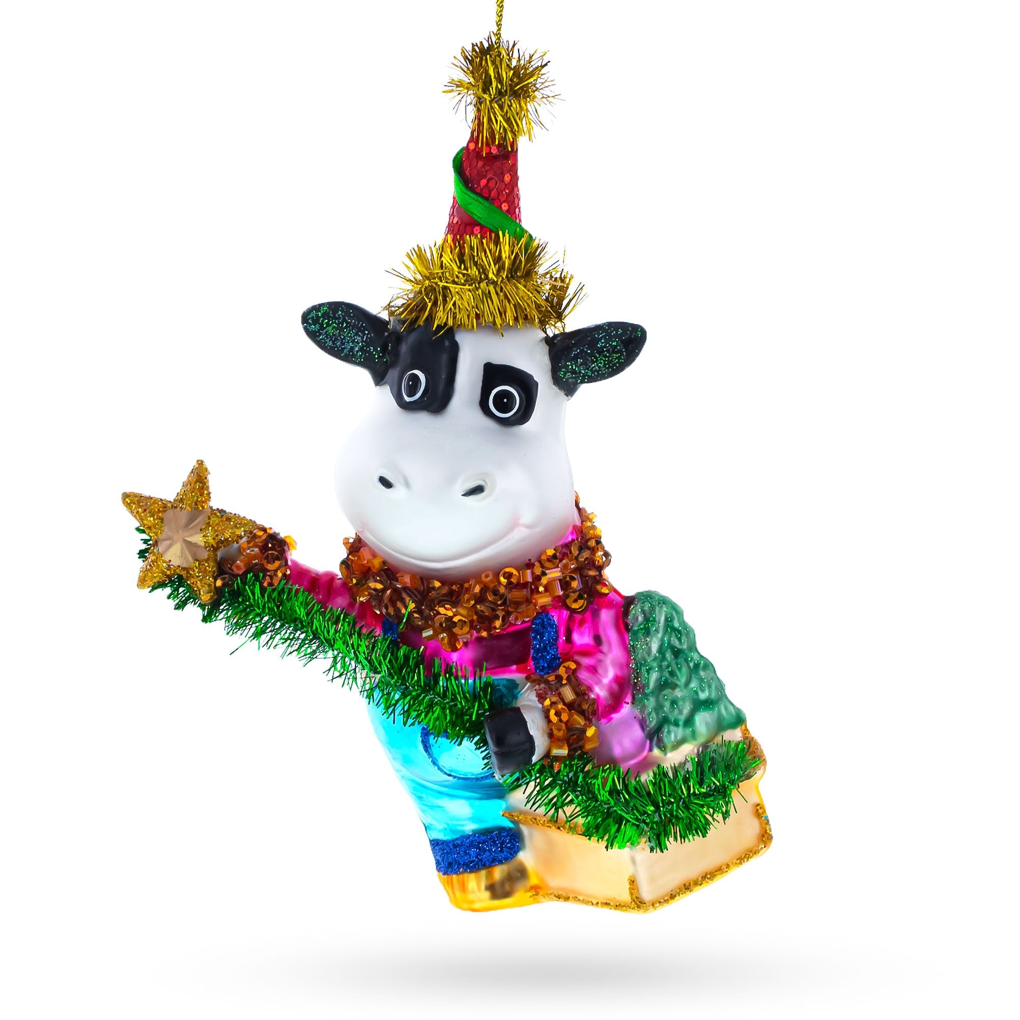 Cow Riding a Star Glass Christmas Ornament