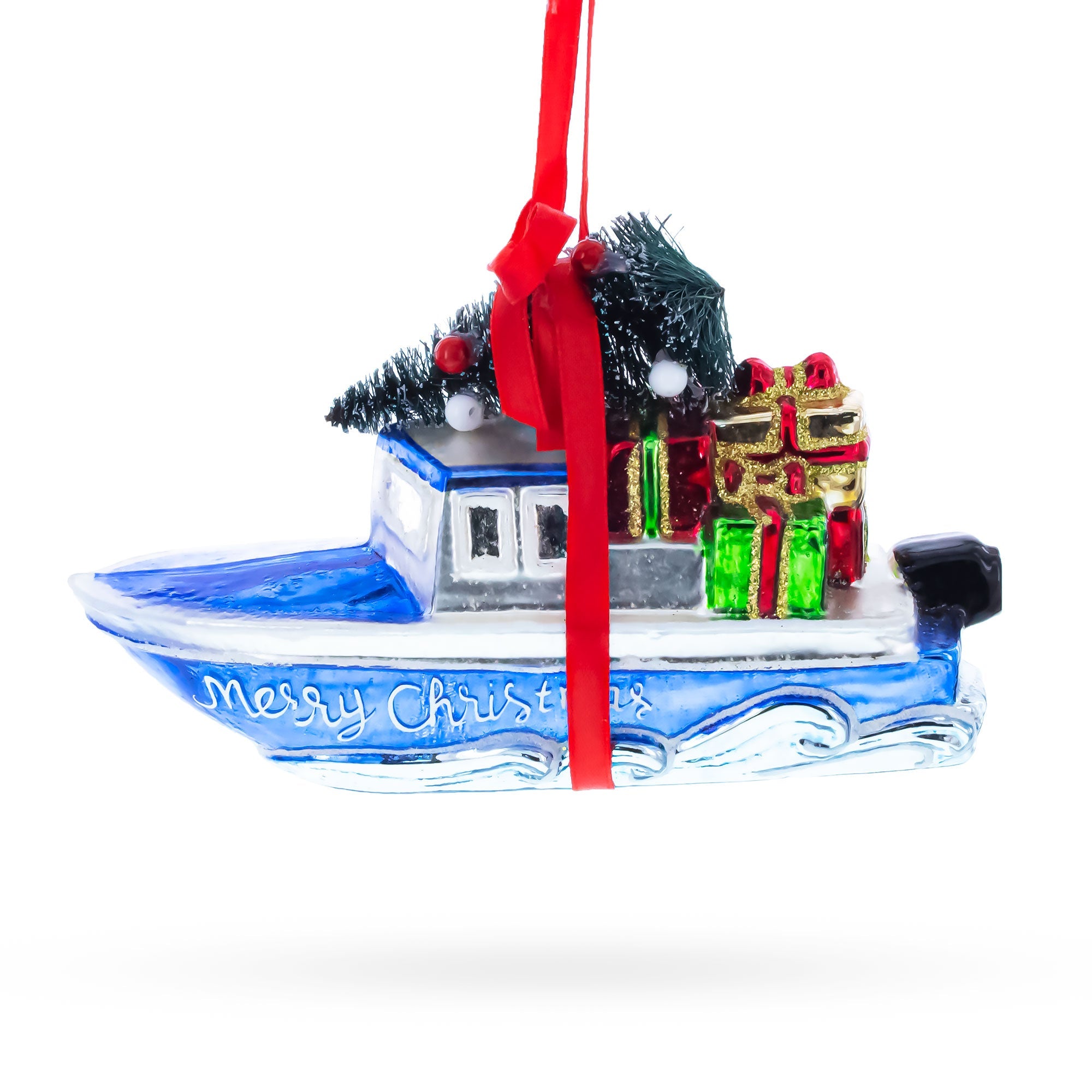 Boat with Tree and Present Glass Christmas Ornament