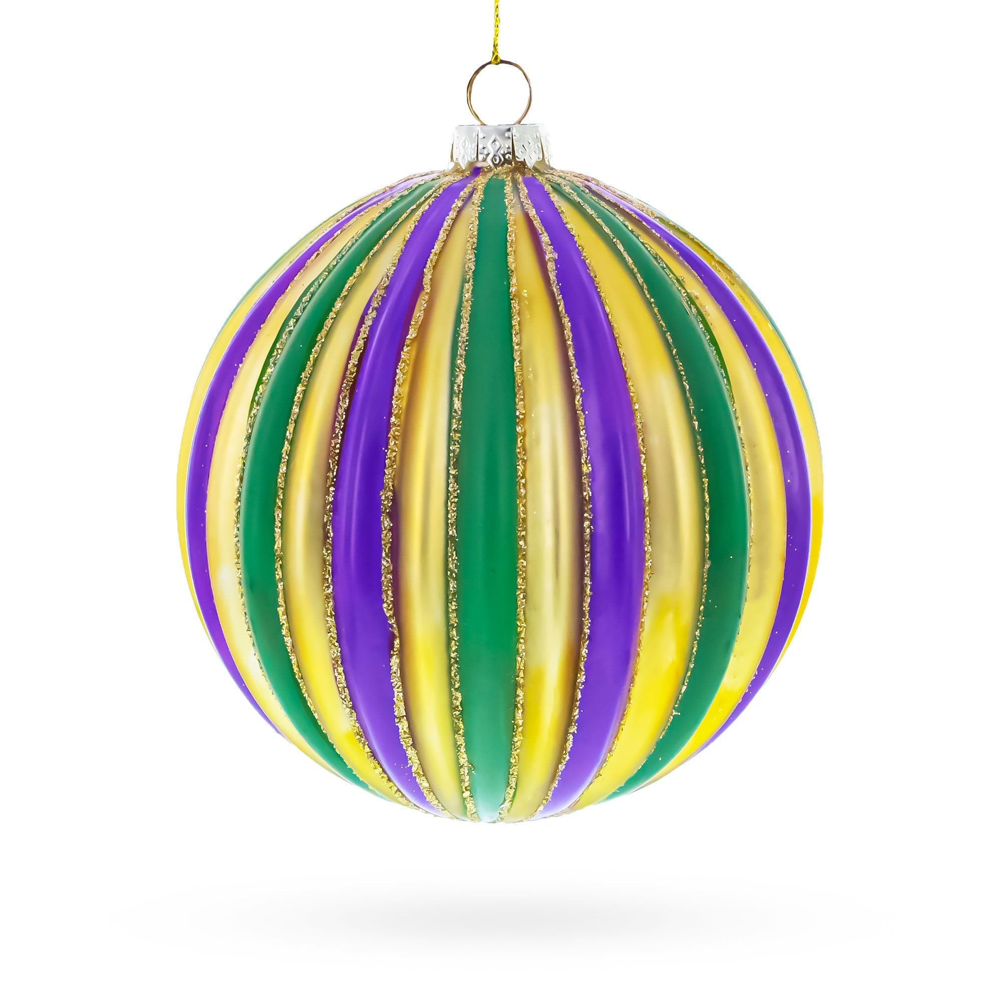 Striped Purple, Green, and Gold Glass Ball Christmas Ornament