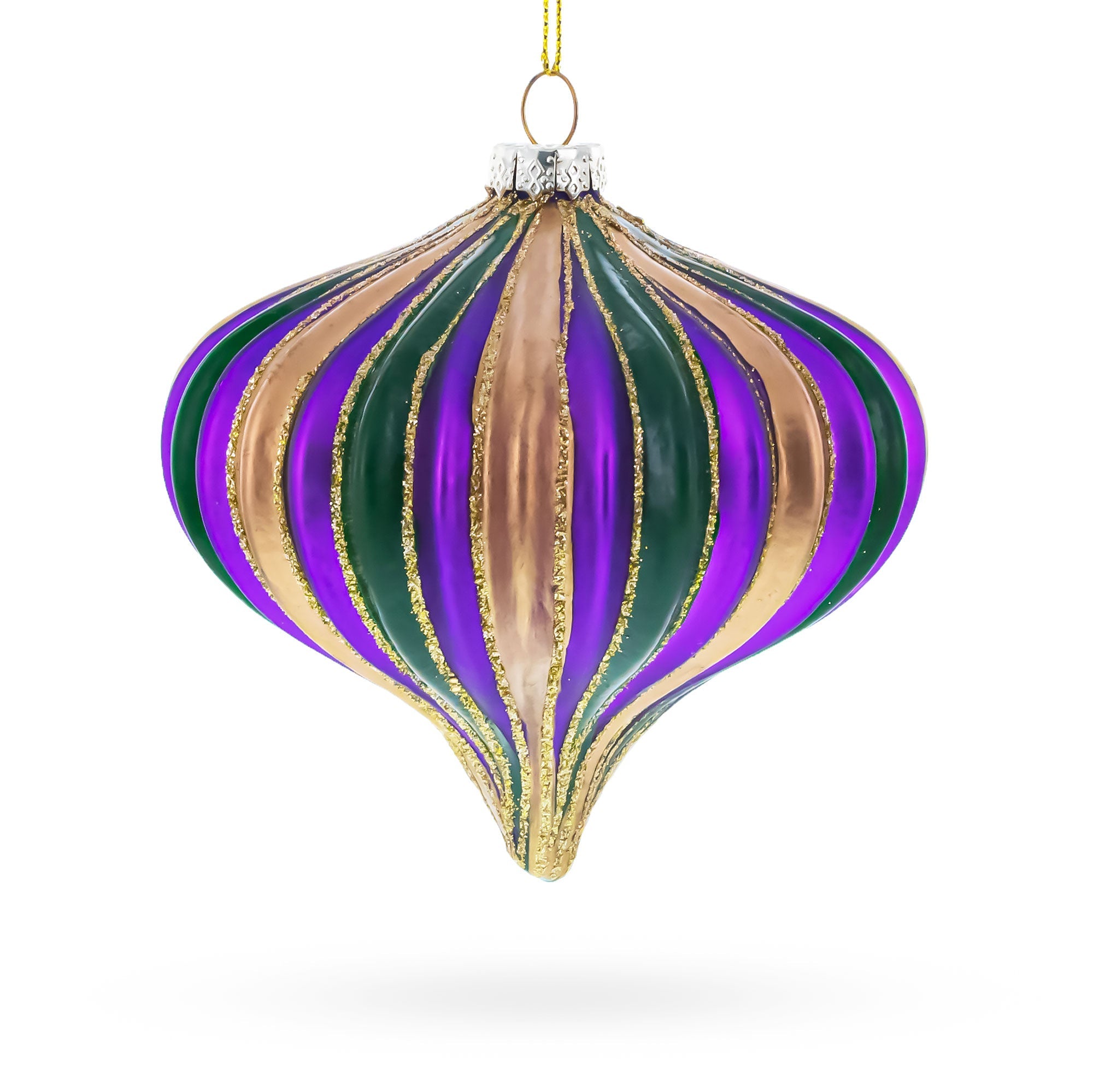 Striped Purple, Green, and Gold Onion Finial Glass Christmas Ornament