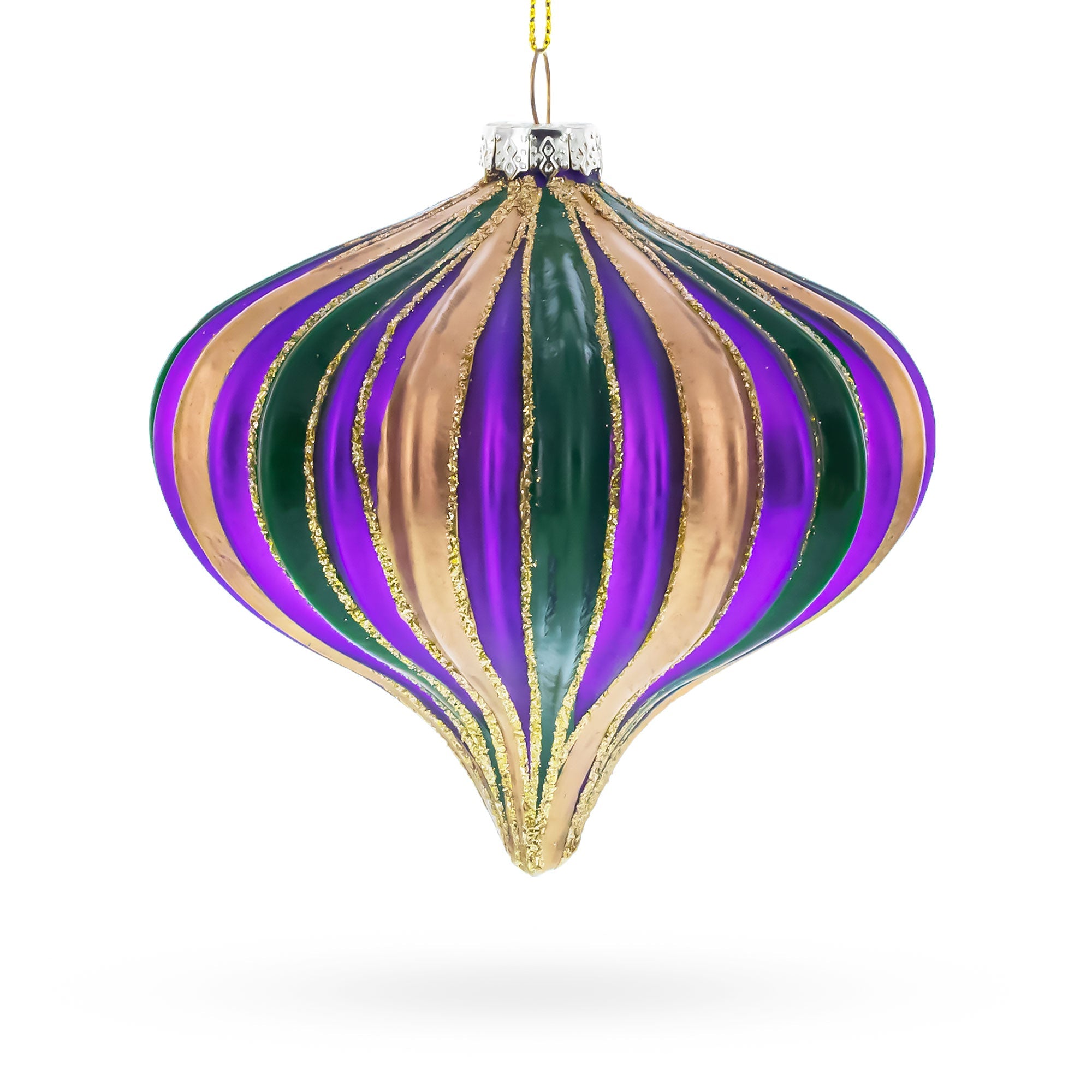 Striped Purple, Green, and Gold Onion Finial Glass Christmas Ornament