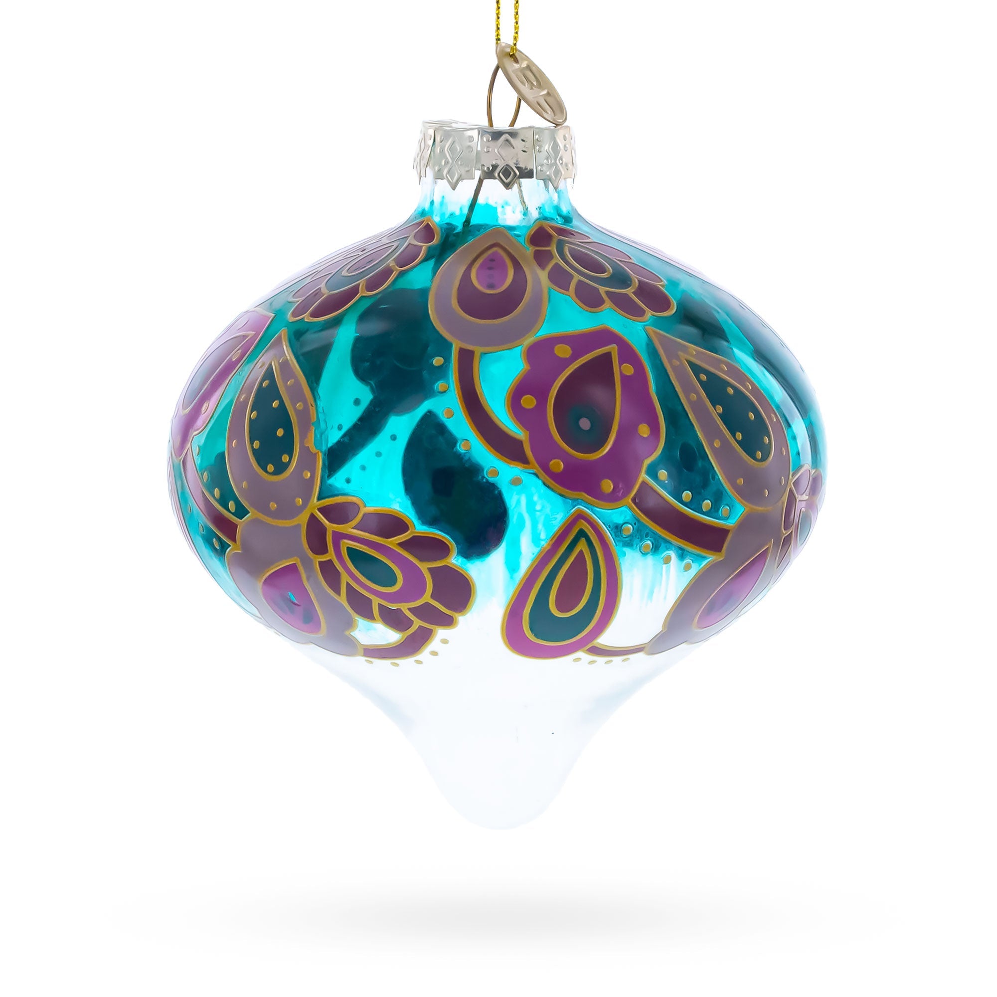 Teal Paisley Onion Shape Finial Glass Christmas Ornament