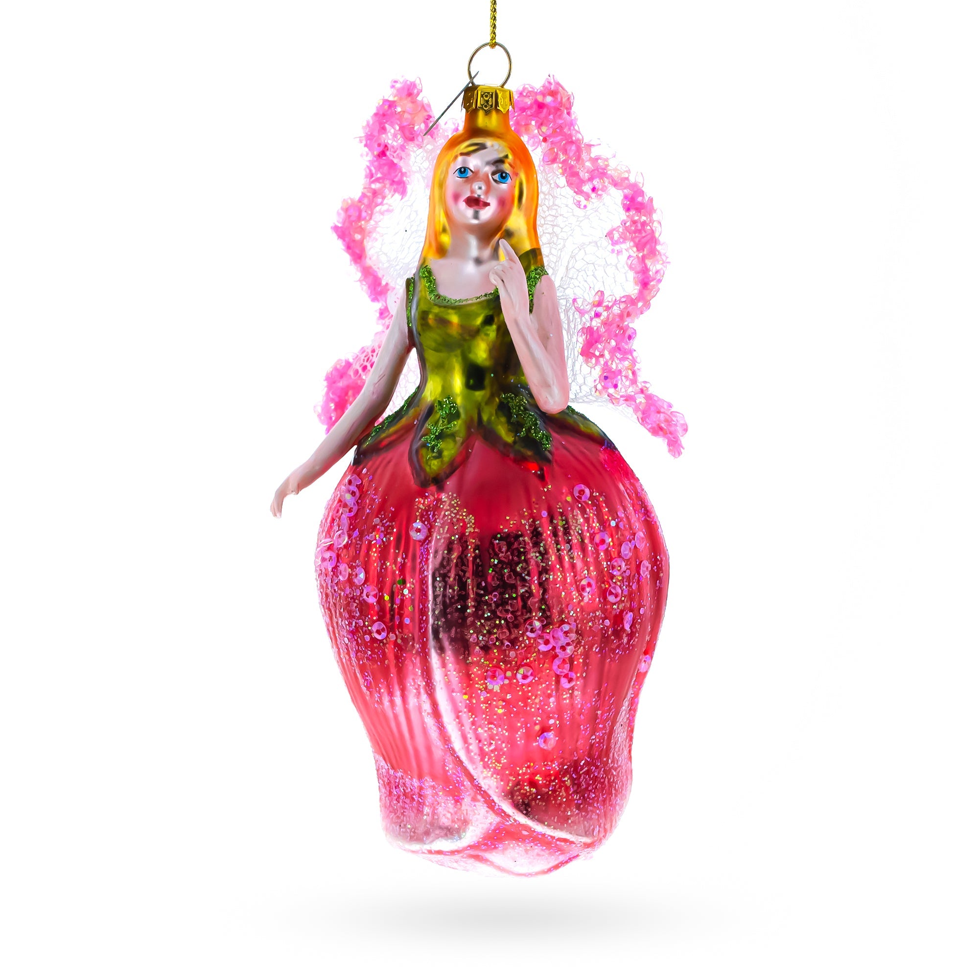 Enchanting Fairy in a Rose Dress Glass Christmas Ornament