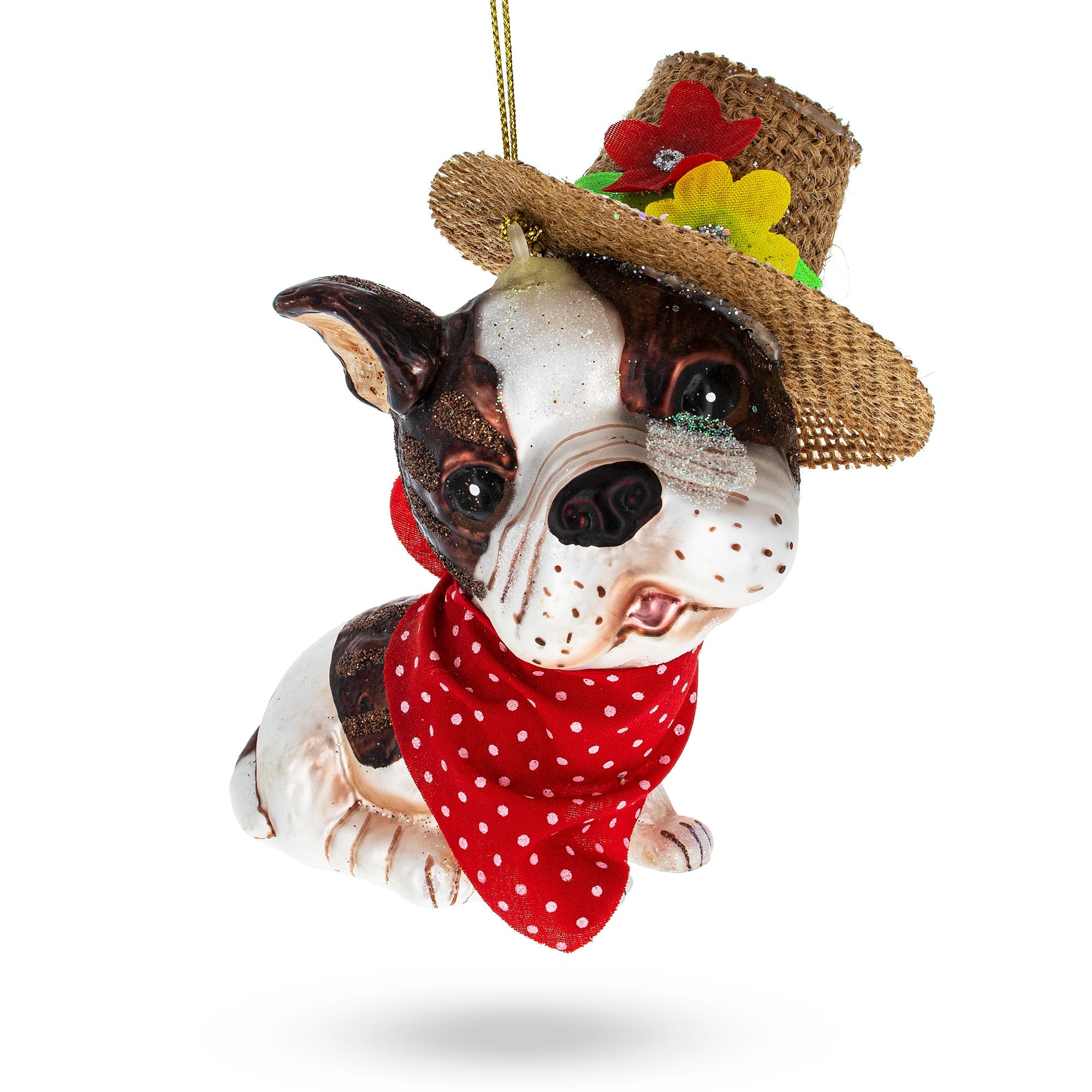 Dapper Boston Terrier in Hat Glass Christmas Ornament