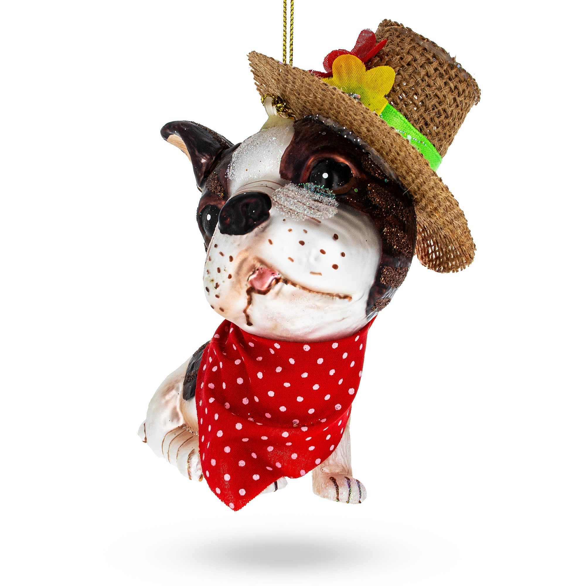 Dapper Boston Terrier in Hat Glass Christmas Ornament