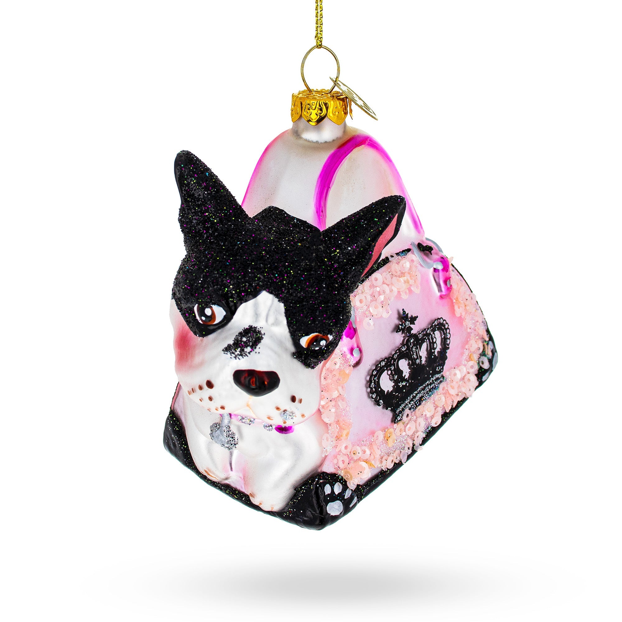 Boston Terrier in Pink Handbag Glass Christmas Ornament BestPysanky