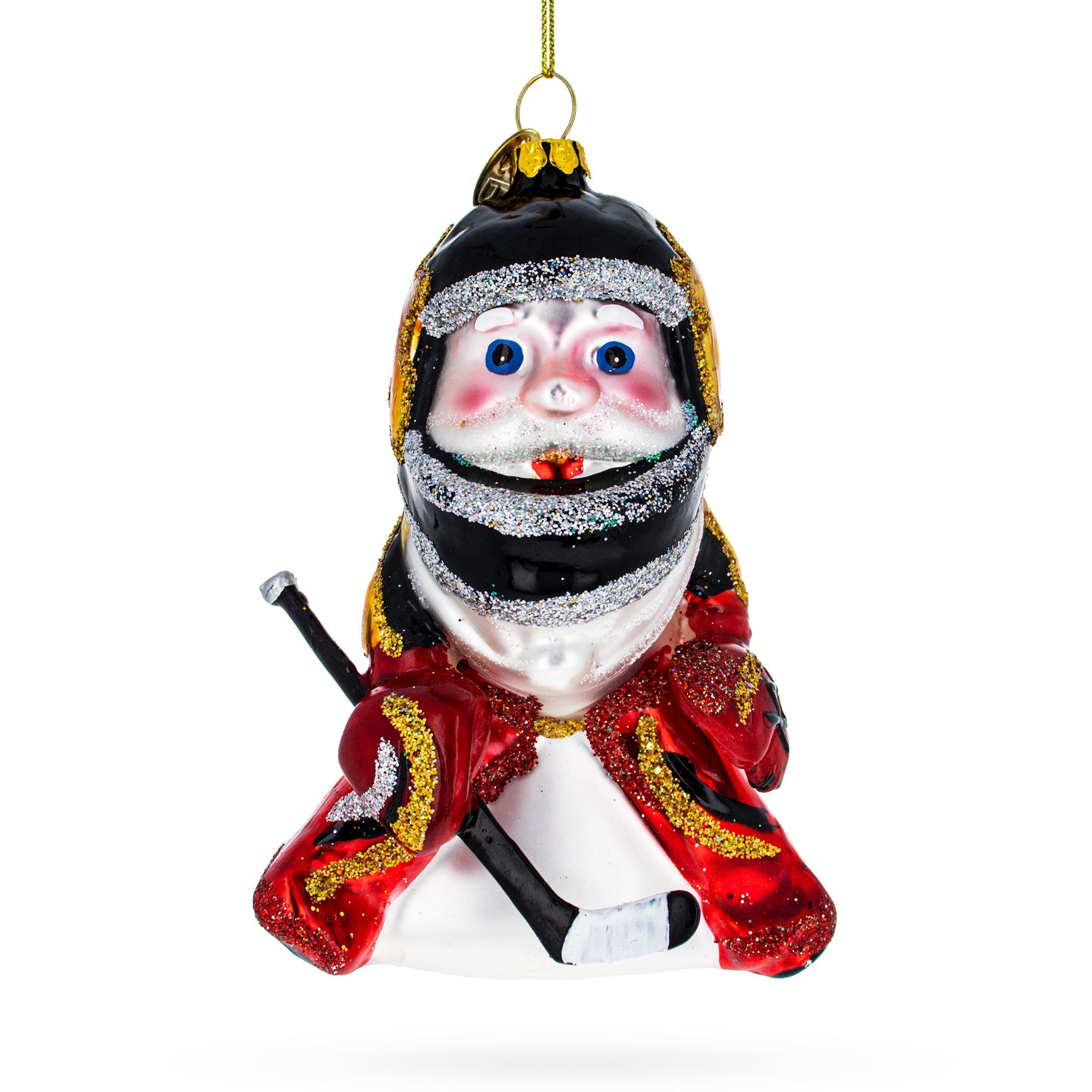 Santa in Ice Hockey Gear Glass Christmas Ornament