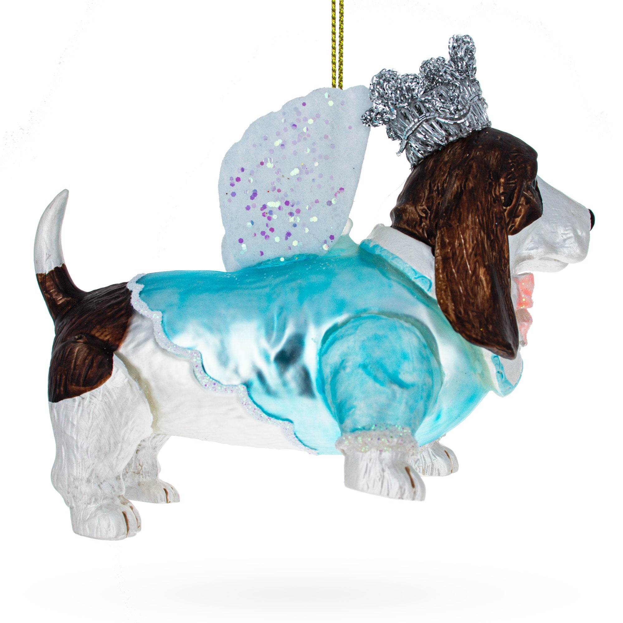 Basset Dog with Crown and Wings Glass Christmas Ornament