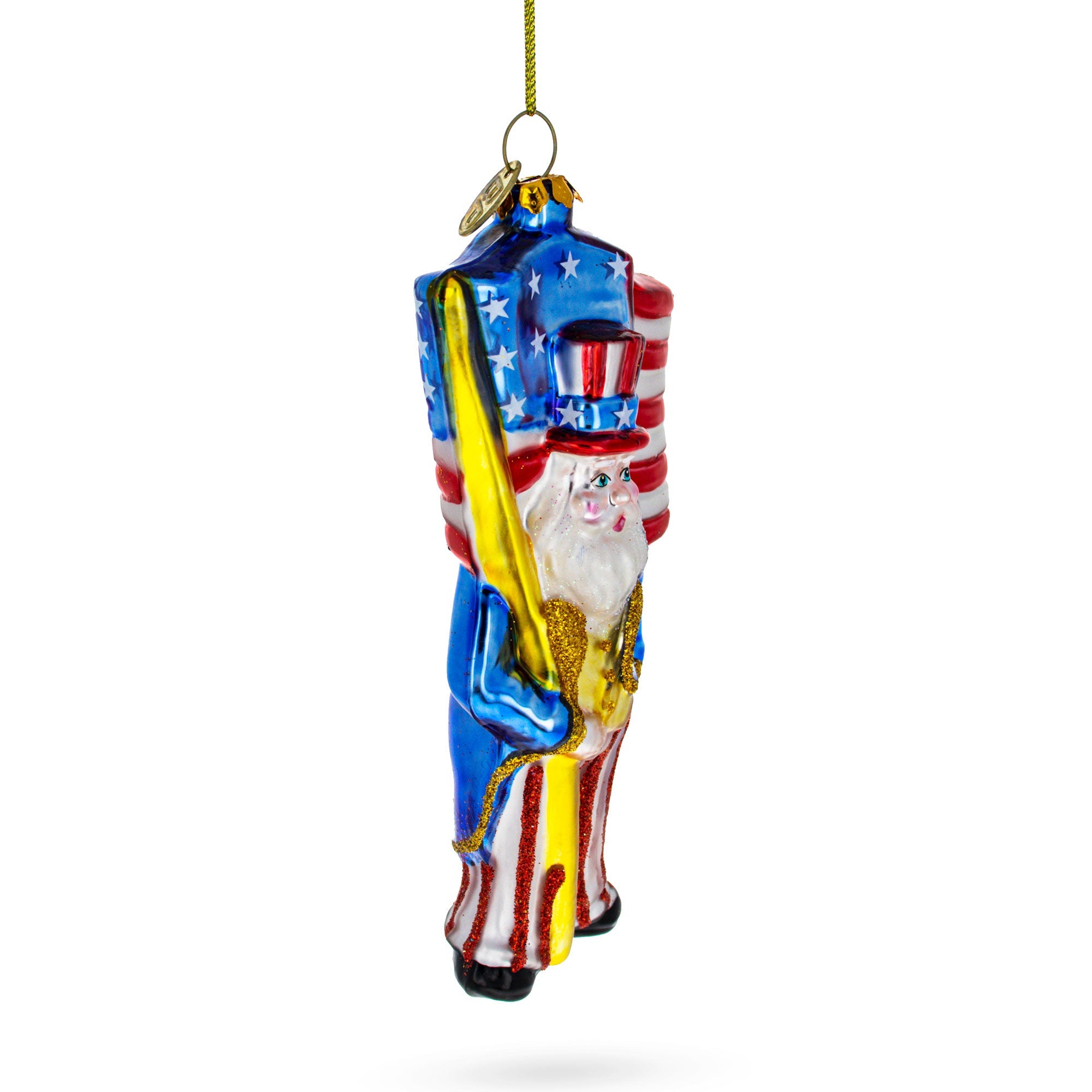 Uncle Sam Santa Holding USA Flag Glass Christmas Ornament