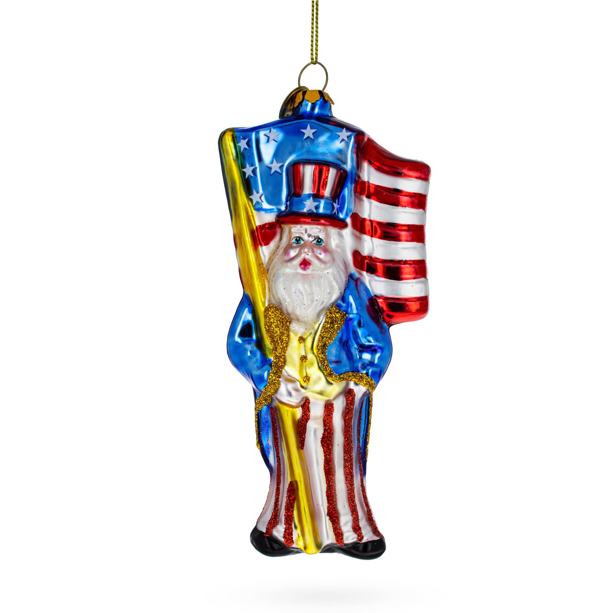 Uncle Sam Santa Holding USA Flag Glass Christmas Ornament